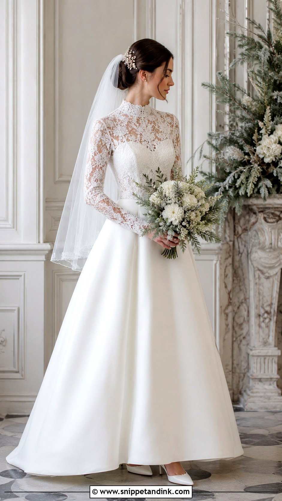 High Neck Winter Bridal Gown With Lace Sleeves - Snippet and Ink - 20 Winter Bridal Outfit Ideas
