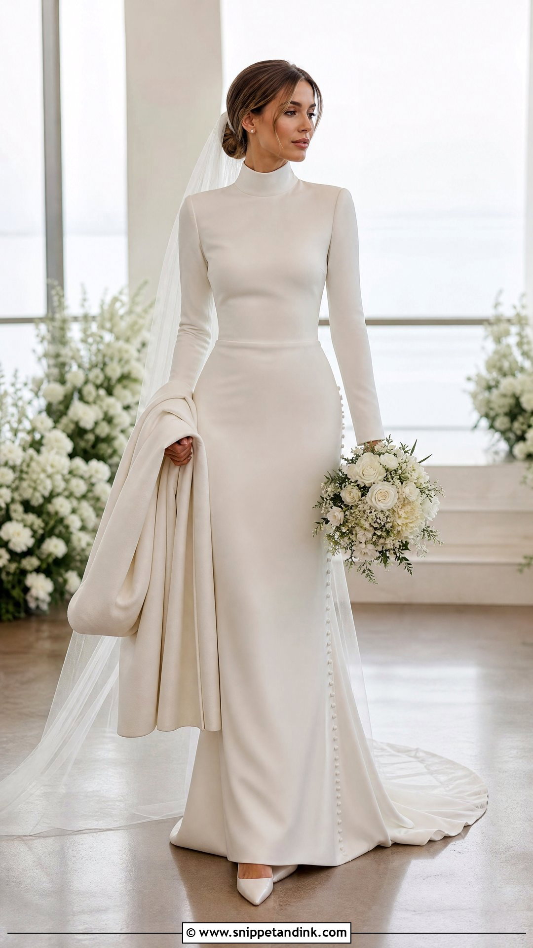 High Neck Winter Bridal Sheath Dress - Snippet and Ink - 20 Winter Bridal Ideas