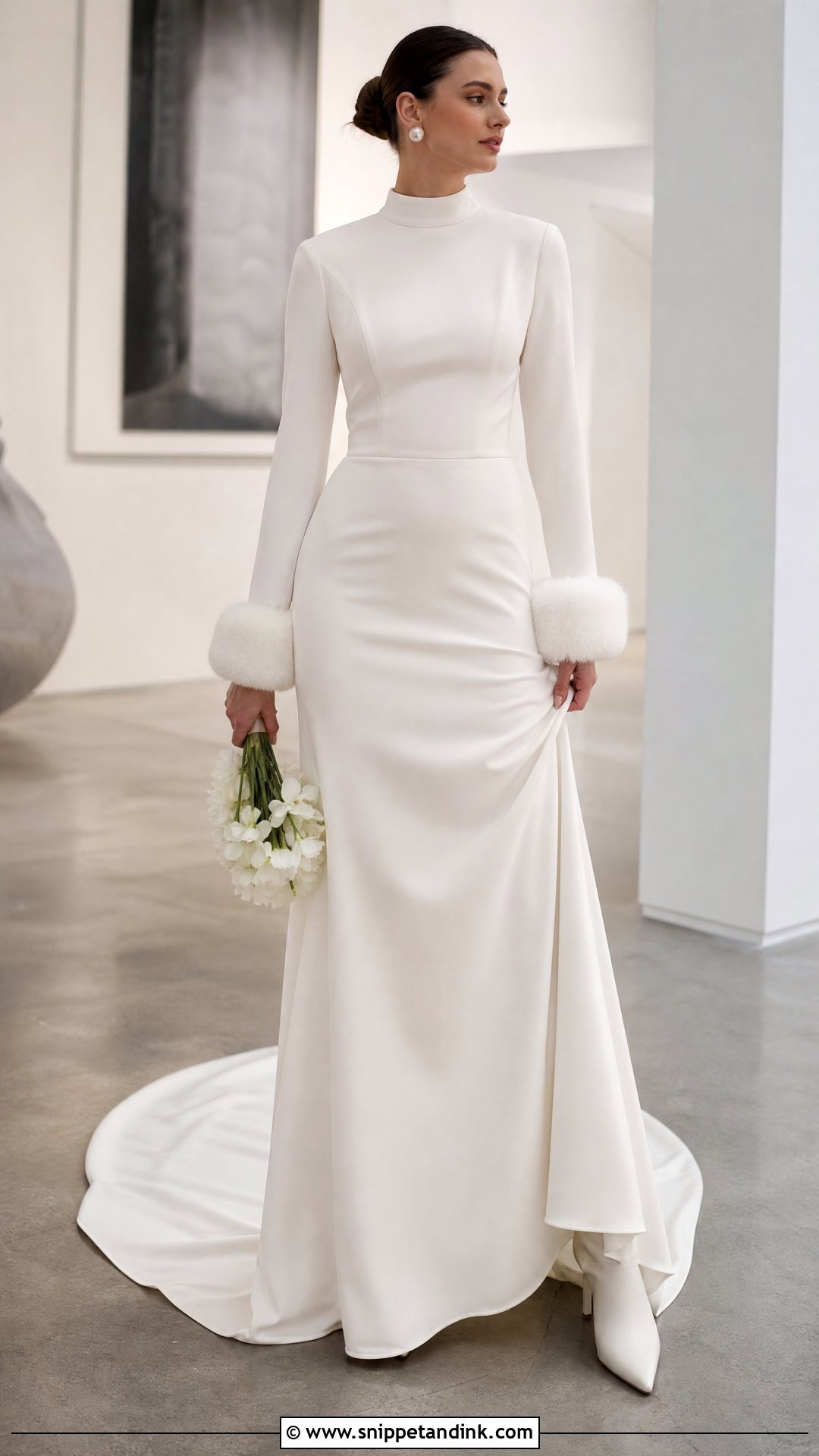 High Neck Winter Wedding Dress With Fur Cuffs - Snippet and Ink - 25 Winter Wedding Dress Fur Ideas