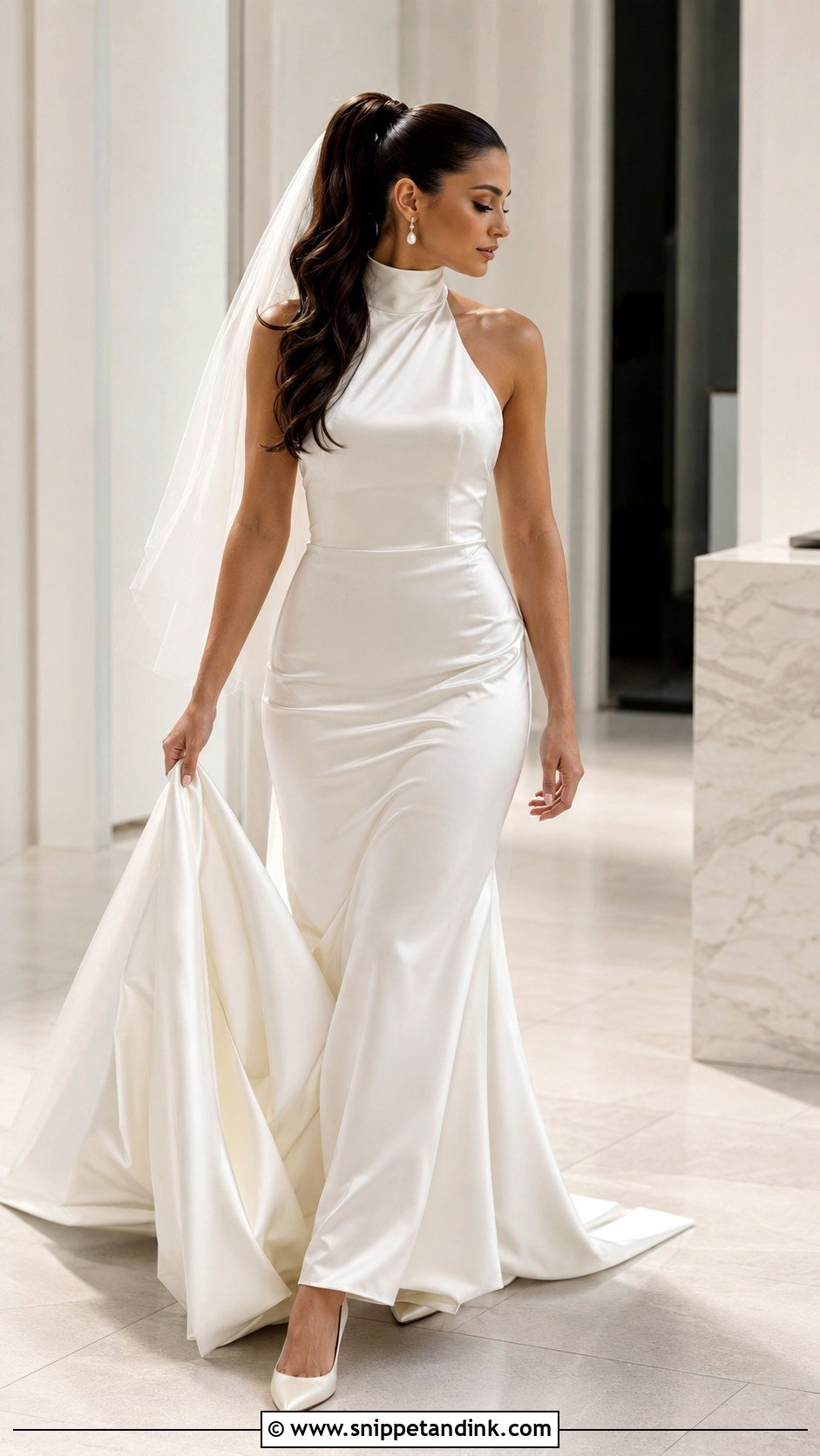 High Ponytail For High Neck Wedding Dress - Snippet and Ink - 20 High Neck Wedding Dress Hairstyle Ideas