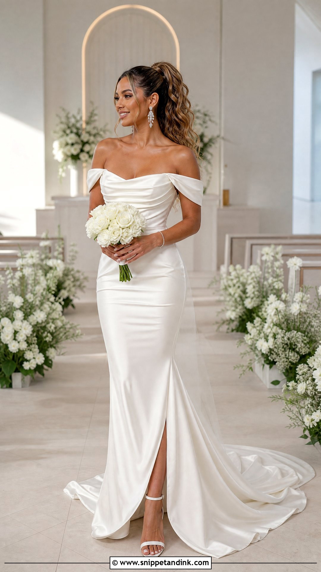 High Ponytail for Off the Shoulder Wedding Dress - Snippet and Ink - 25 Off the Shoulder Wedding Dress Hairstyle Ideas