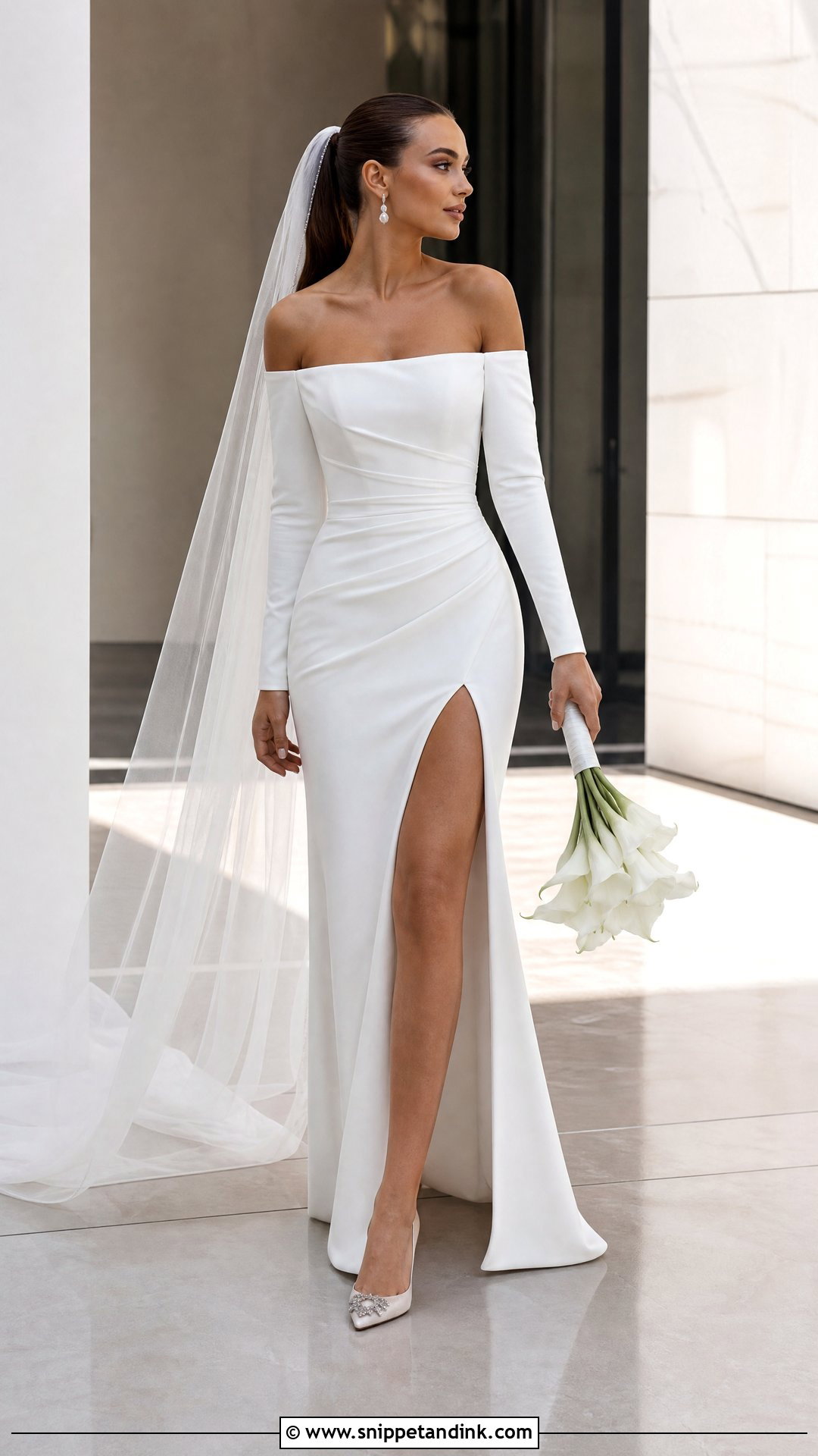 High Slit Off the Shoulder Long Sleeve Wedding Dress - Snippet and Ink - 20 Off the Shoulder Long Sleeve Wedding Ideas