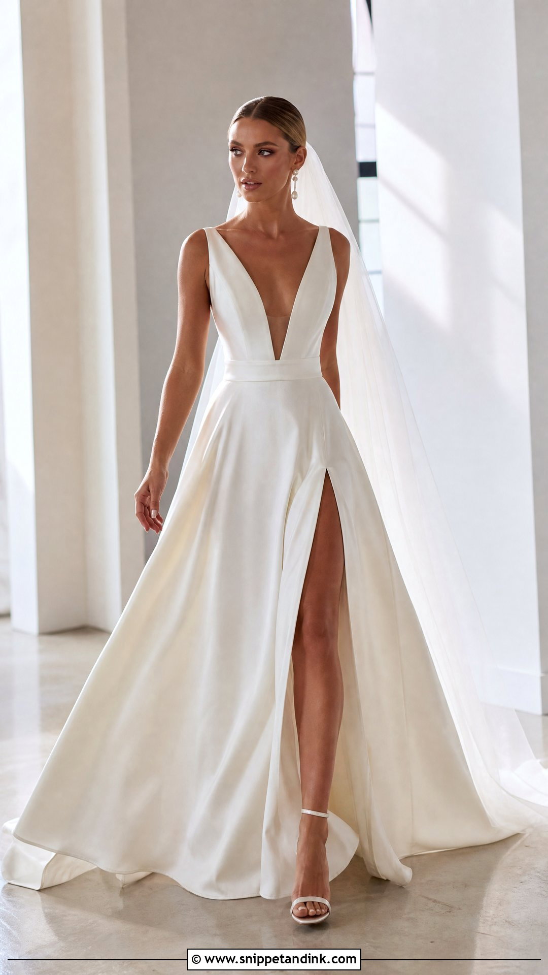 High Slit Plunging Neckline Wedding Dress - Snippet and Ink - 20 Plunging Neckline Wedding Dress Ideas
