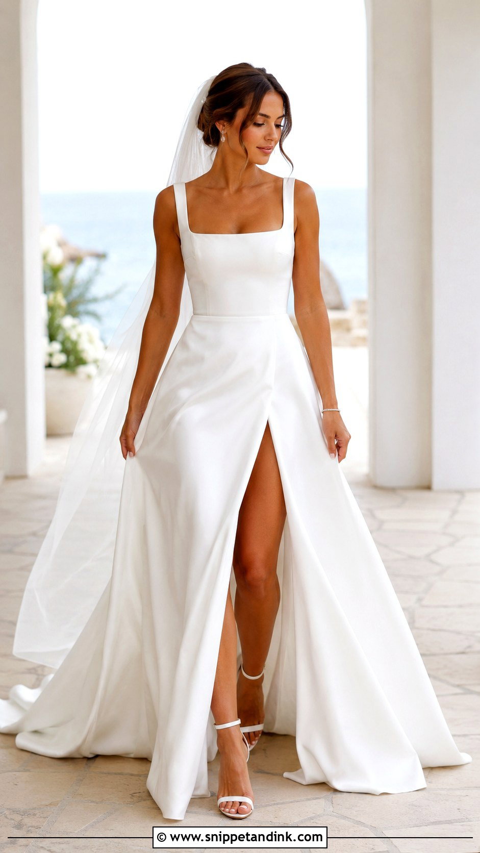 High Slit Square Neck A Line Wedding Dress - Snippet and Ink - 20 Square Neck a Line Wedding Dress Ideas