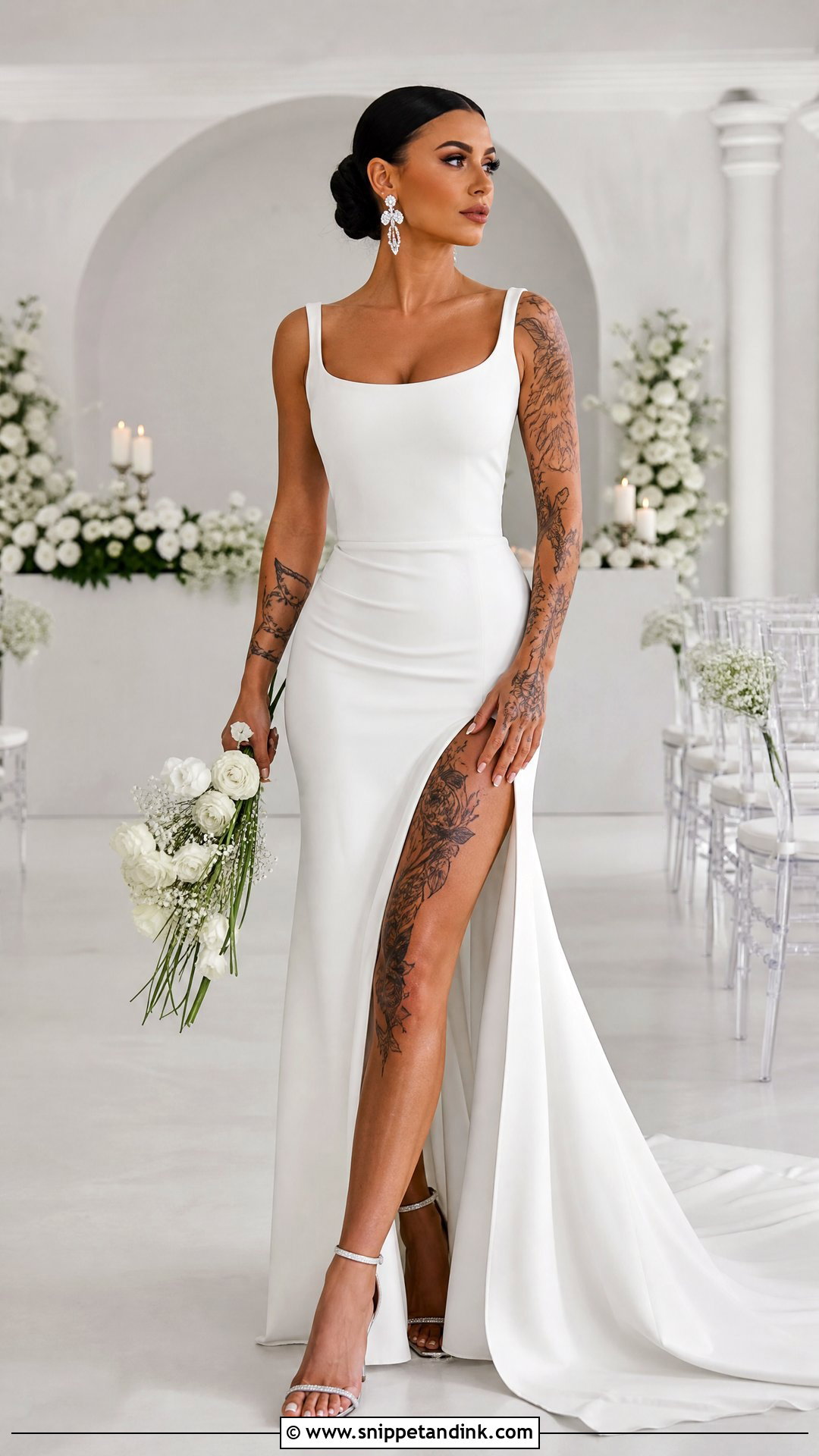 High Slit Wedding Dress With Leg Tattoos - Snippet and Ink - 20 Tattoos in Wedding Dress Ideas