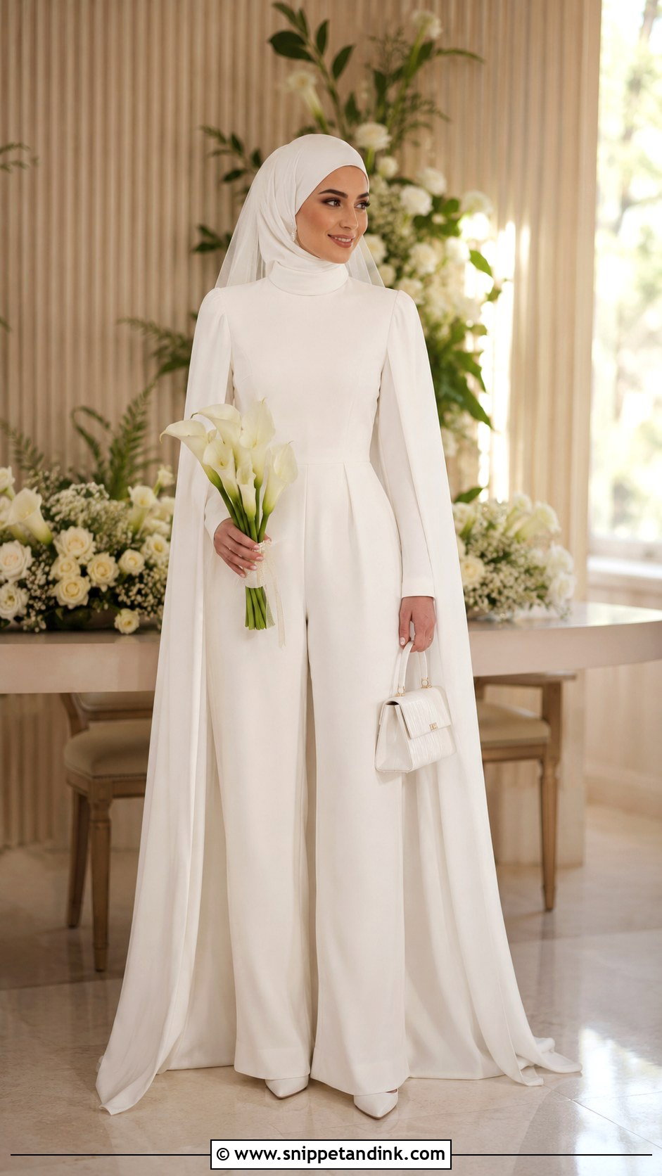 Hijab Bridal Jumpsuit With Cape - Snippet and Ink - 20 Hijab Bridal Dress Ideas
