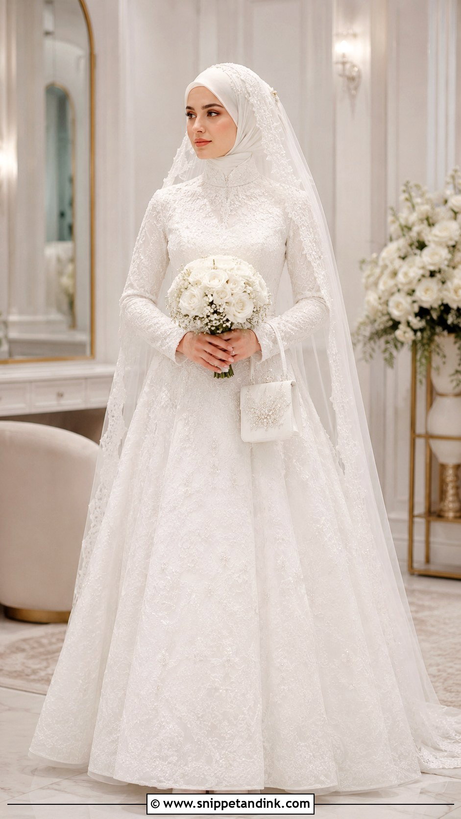 Hijabi Bridal High Neck Lace Gown - Snippet and Ink - 20 Hijabi Bridal Dress Ideas