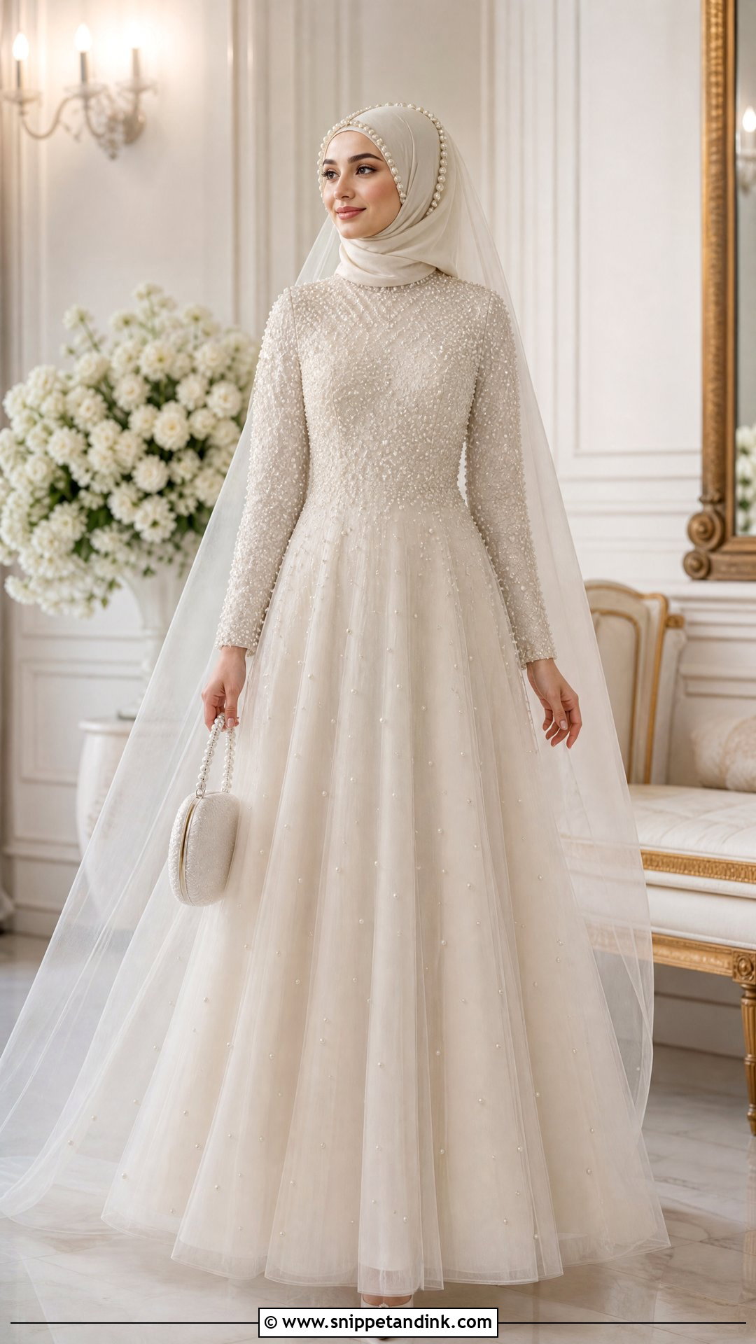 Hijabi Bridal Pearl Embellished Gown - Snippet and Ink - 20 Hijabi Bridal Dress Ideas