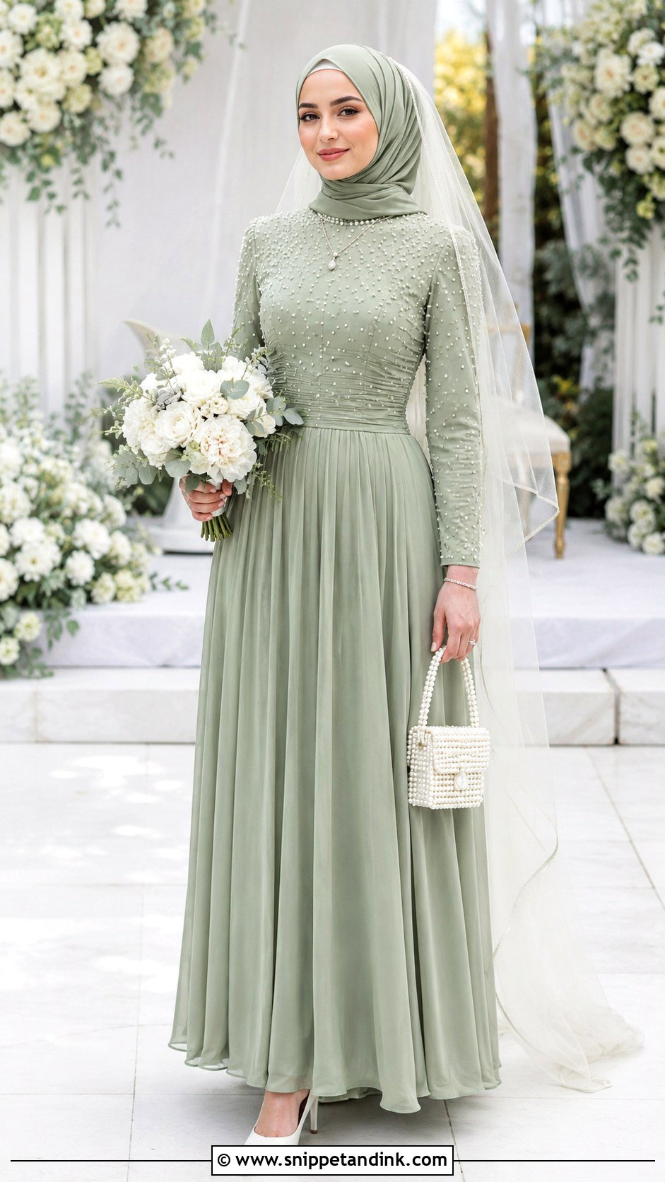 Hijabi Bridal Sage Green Gown - Snippet and Ink - 20 Hijabi Bridal Dress Ideas