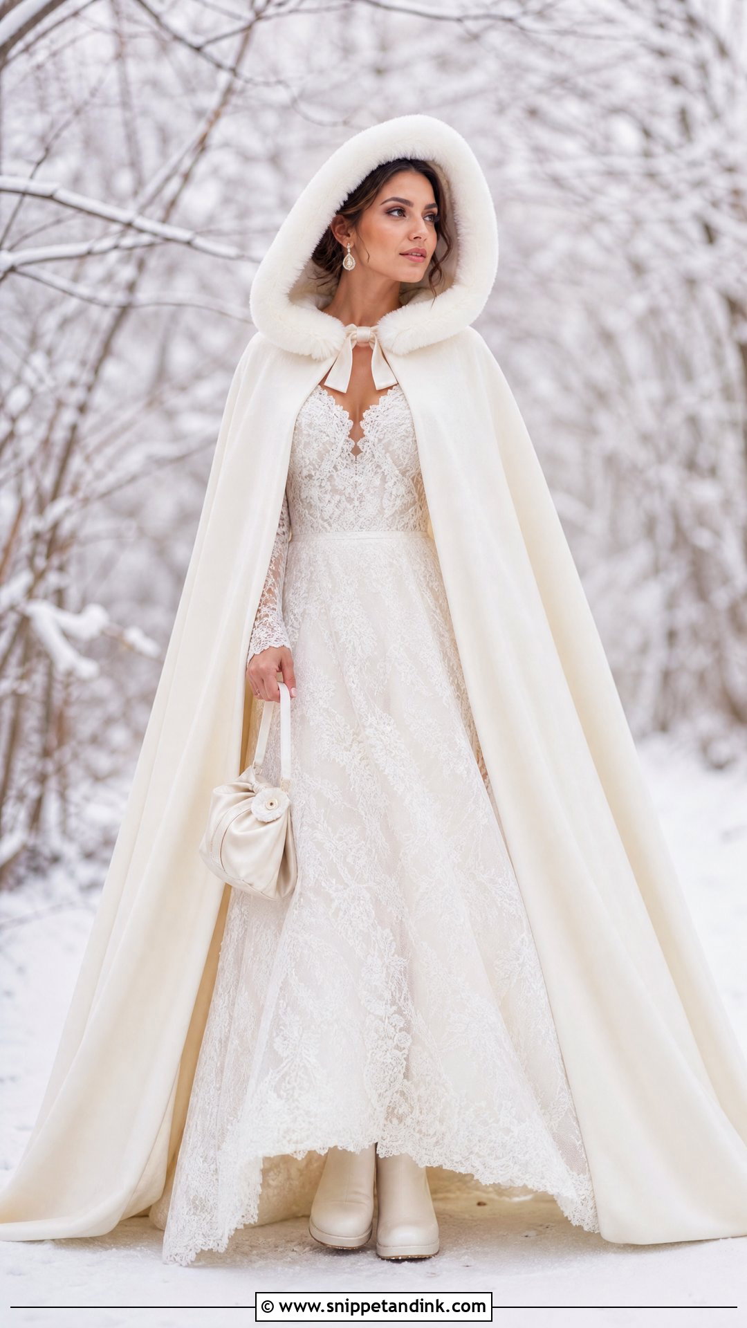Hooded Bridal Cloak With Lace Winter Wedding Dress - Snippet and Ink - 25 Winter Wedding Dress Coverups Ideas