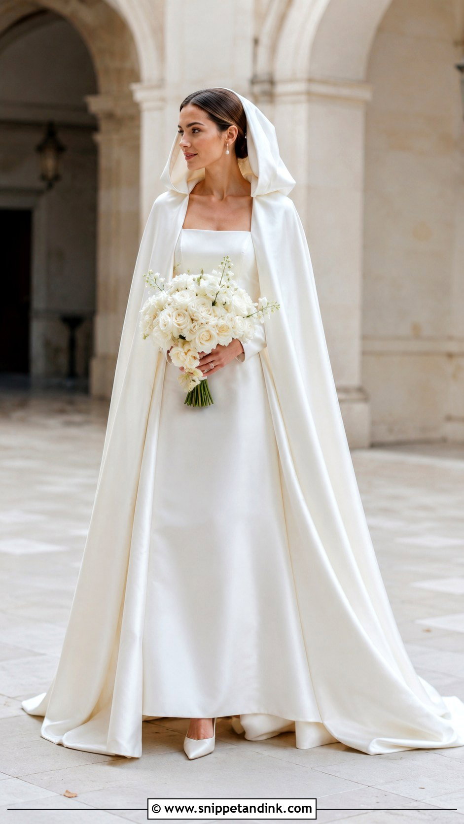 Hooded Bridal Cloak With Satin A Line Dress - Snippet and Ink - 20 Bridal Cloak Ideas