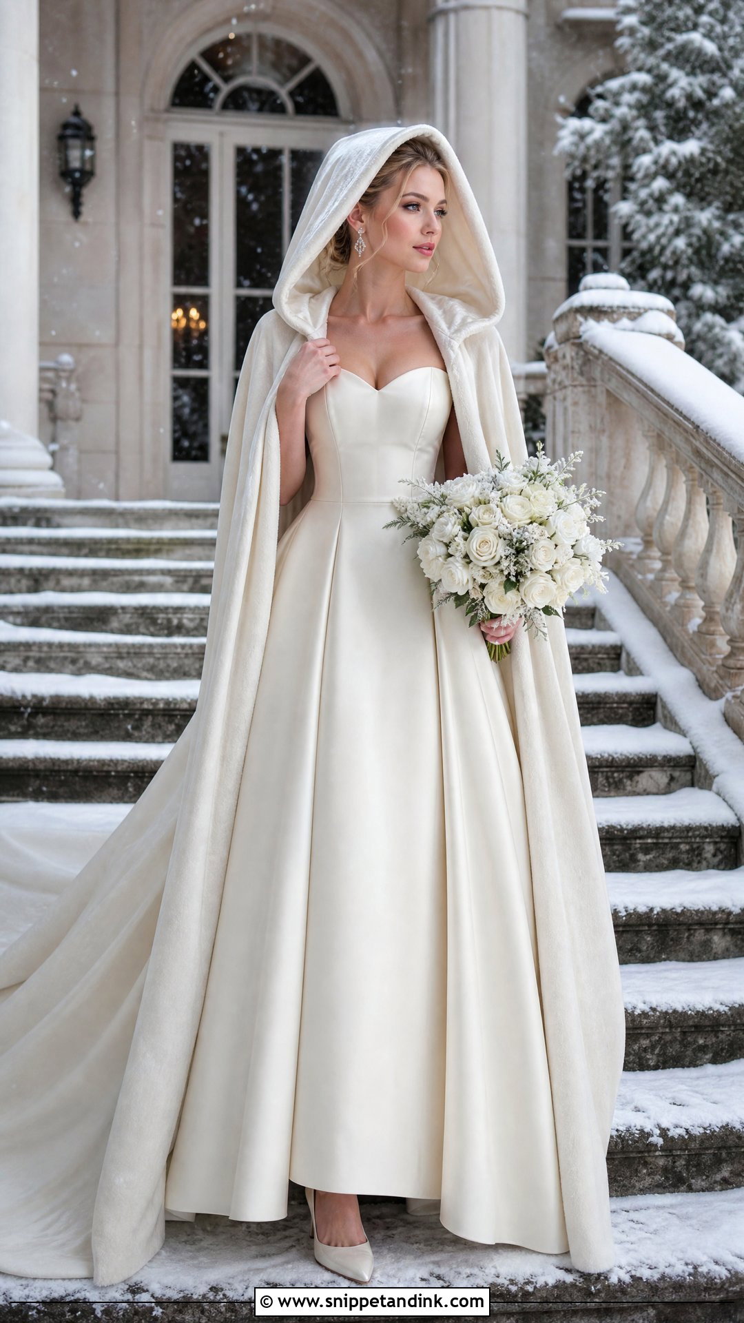 Hooded Bridal Shawl With Ball Gown - Snippet and Ink - 20 Winter Wedding Shawl Ideas