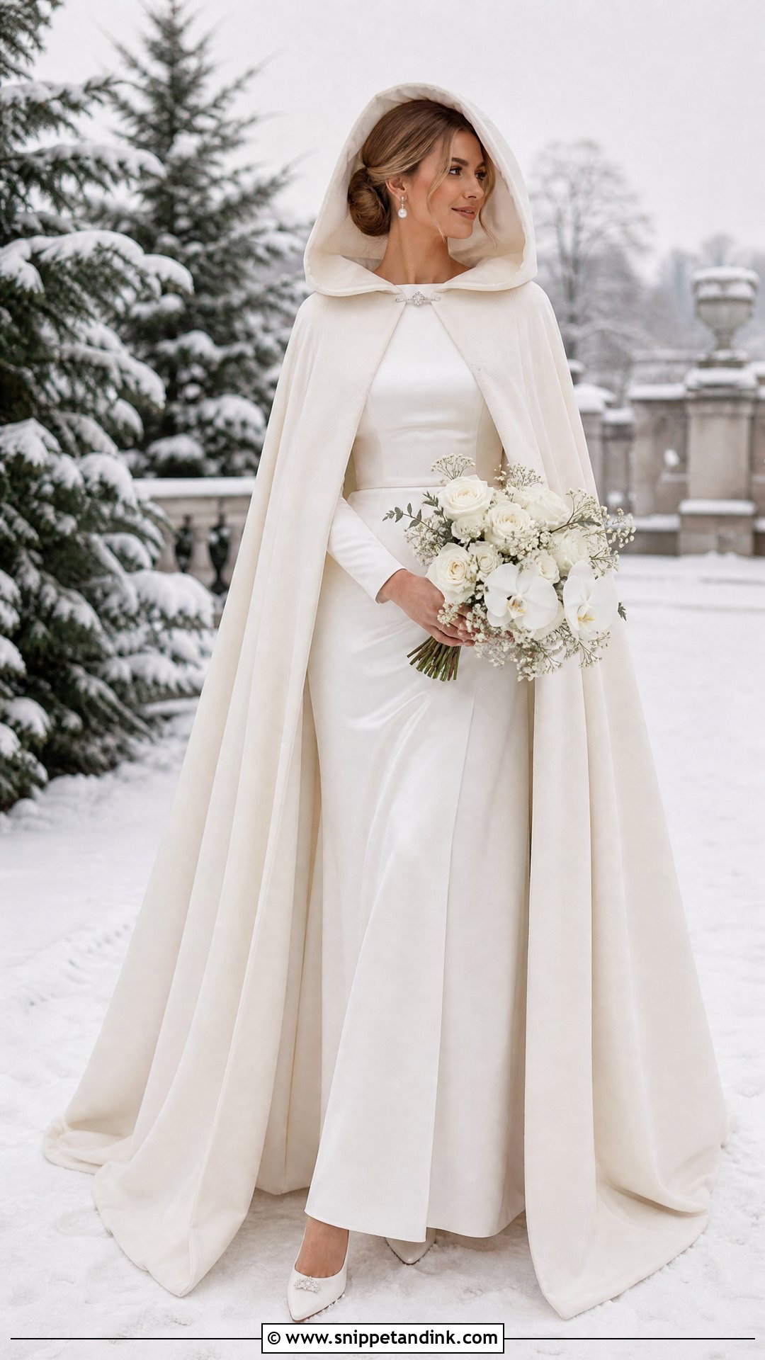 Hooded Bride Cape With Winter Wedding Dress - Snippet and Ink - 25 Bride Cape Ideas
