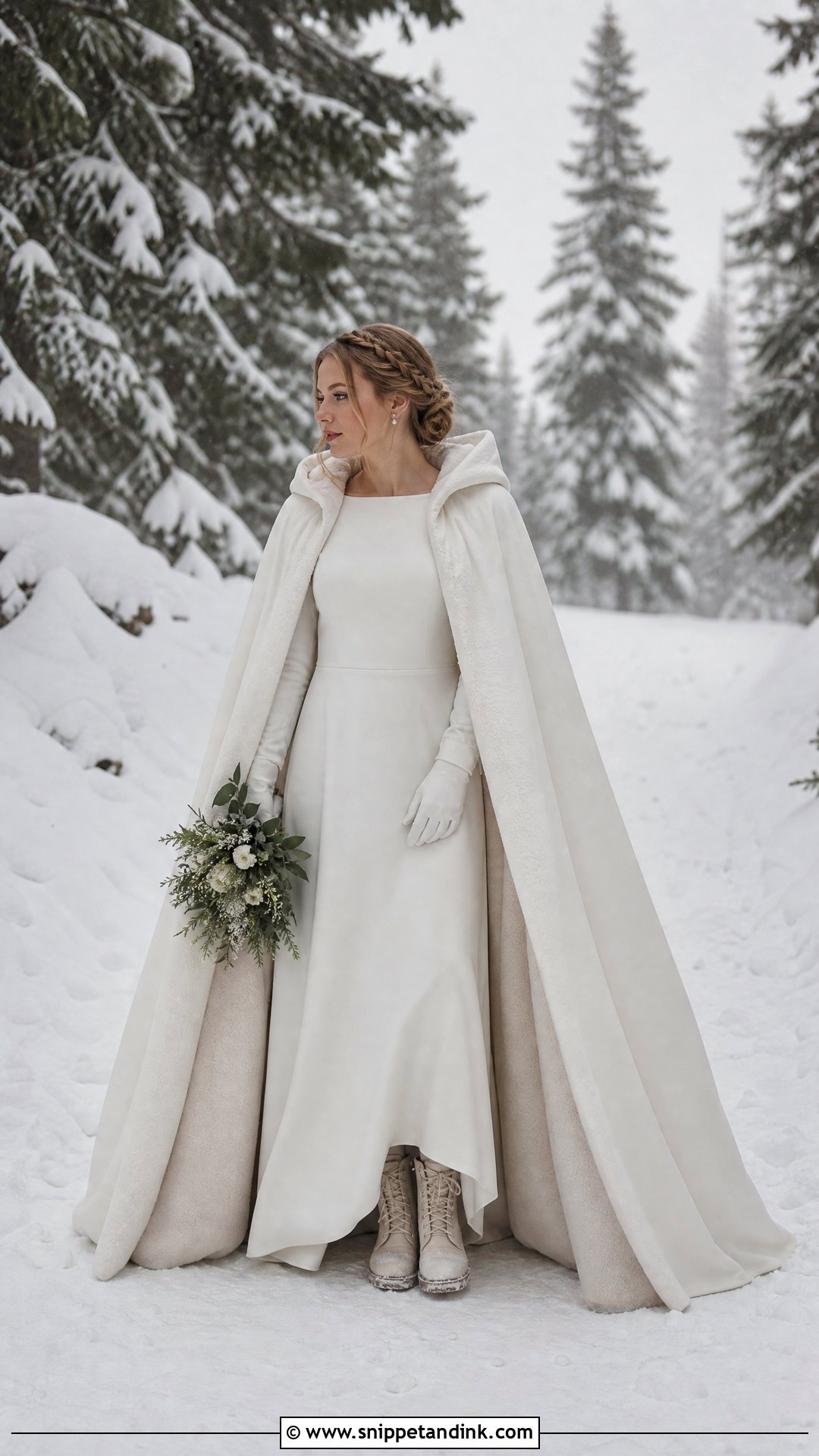 Hooded Cape Winter Elopement Dress - Snippet and Ink - 25 Winter Elopement Dress Ideas