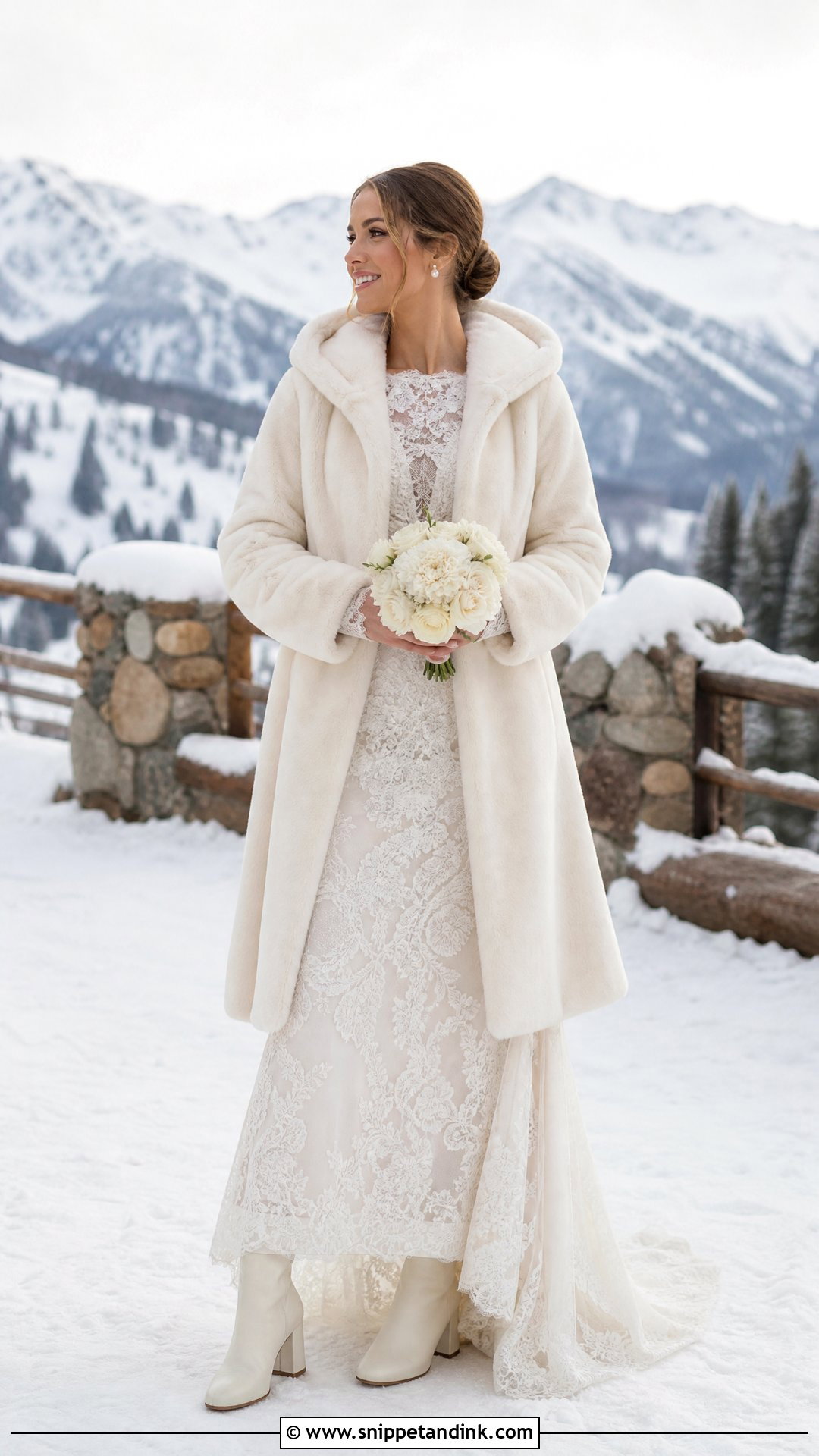 Hooded Fur Coat With Long Sleeve Wedding Dress - Snippet and Ink - 20 Wedding Fur Coat Ideas