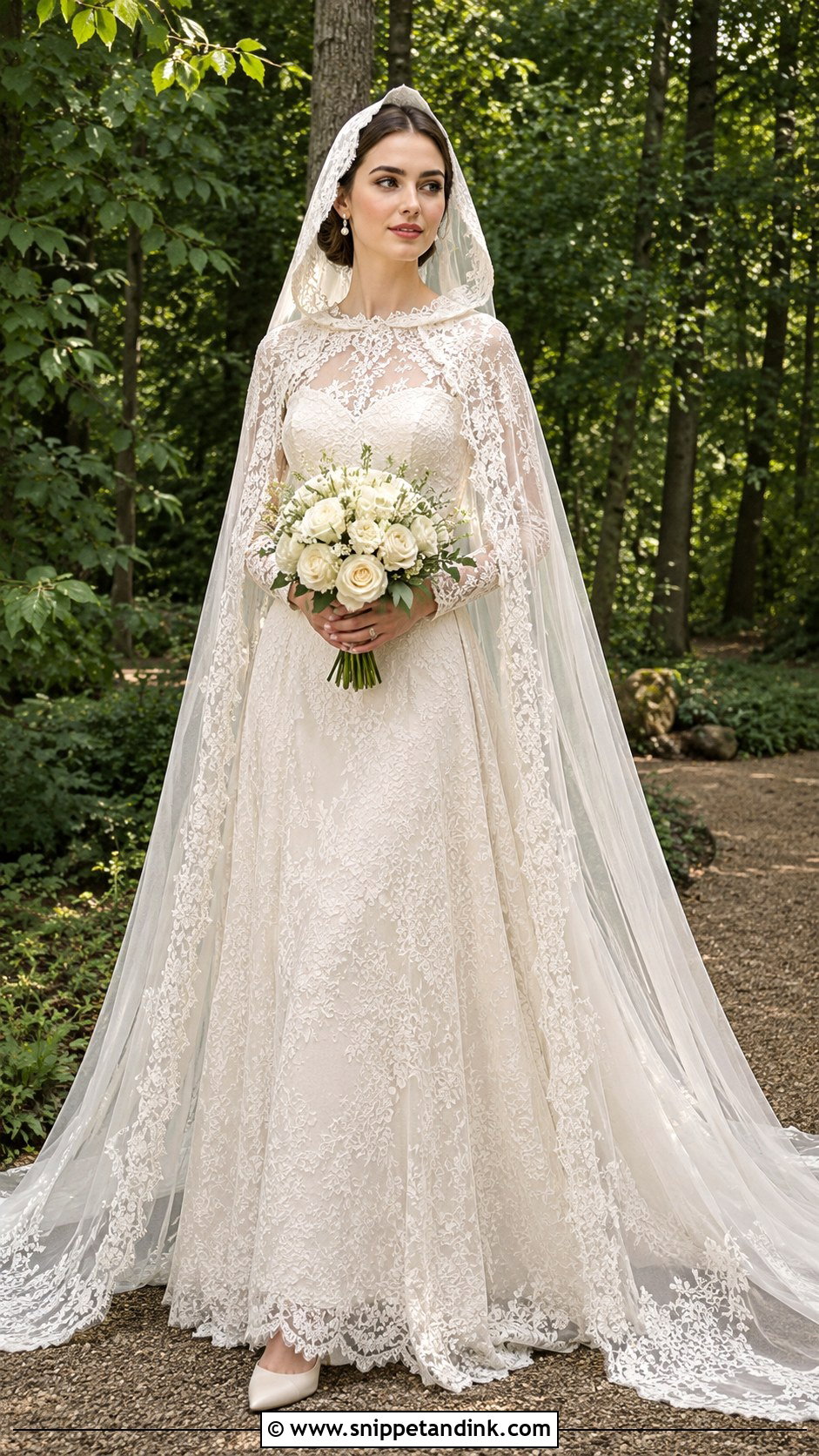 Hooded Lace Cape Wedding Dress - Snippet and Ink - 20 Lilly Collin’s Wedding Dress Ideas