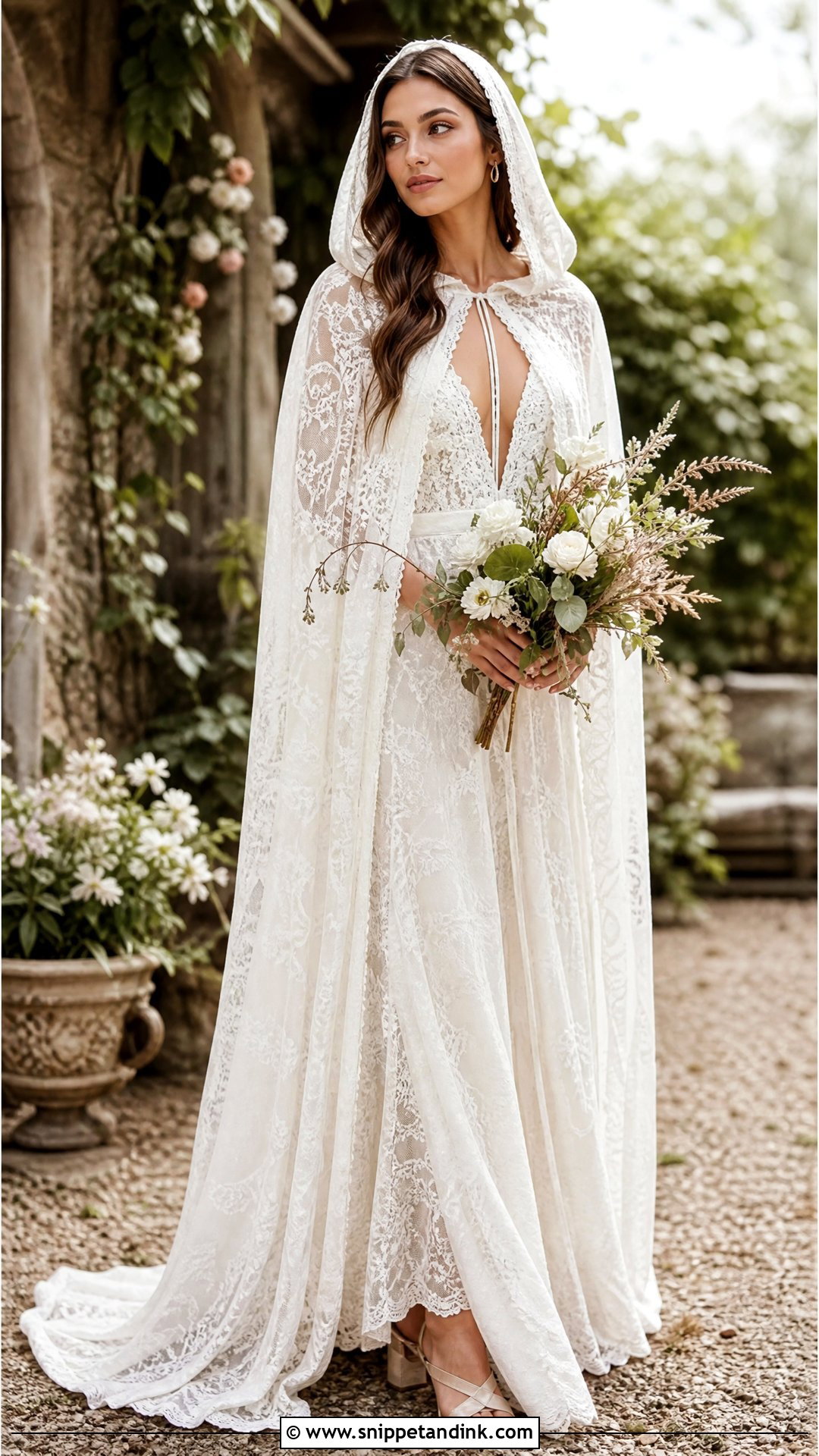 Hooded Lace Wedding Cloak With Boho Dress - Snippet and Ink - 25 Wedding Cloak Ideas