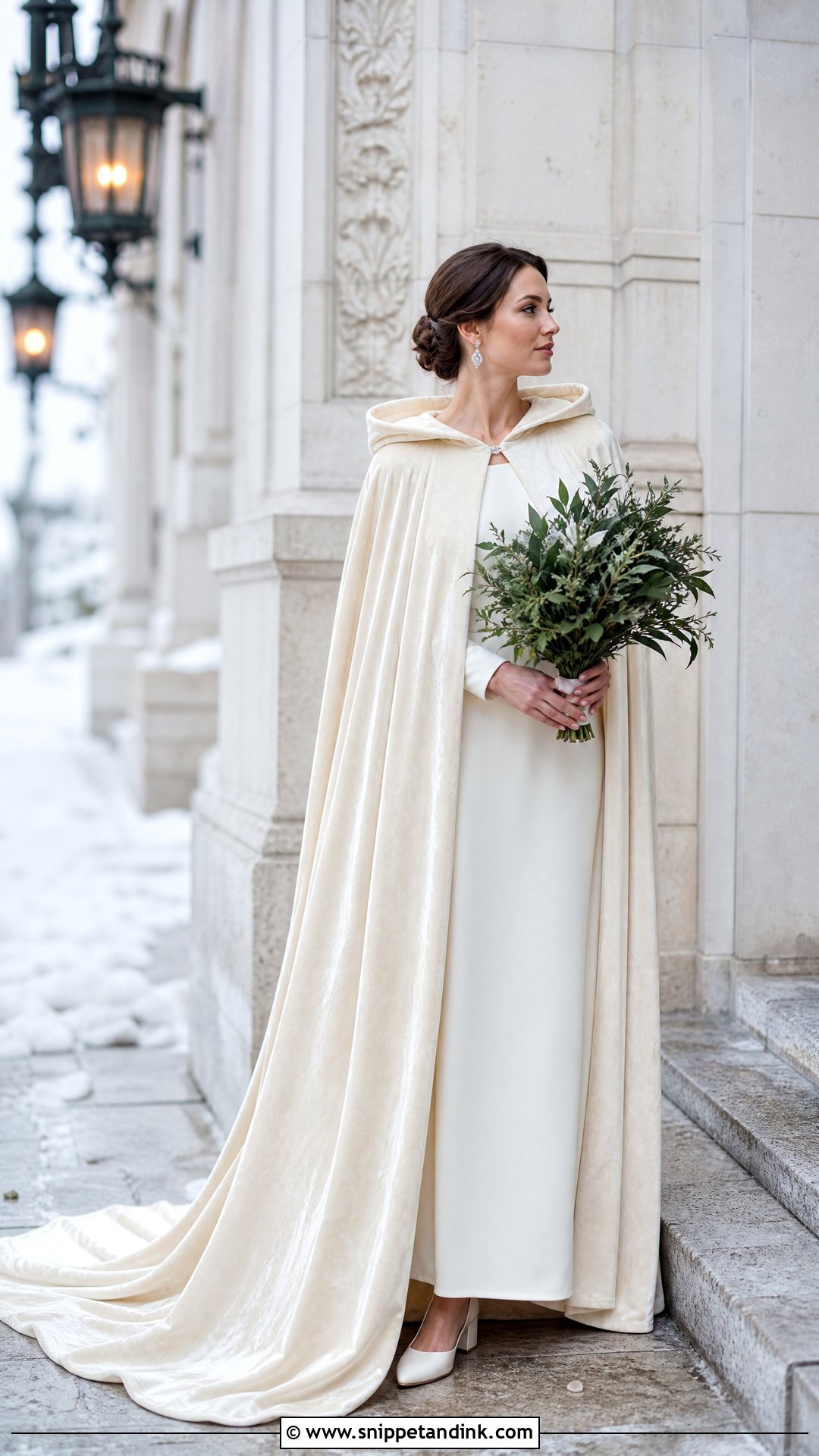 Hooded Velvet Bridal Cape With Long Sleeve A Line Dress - Snippet and Ink - 20 Winter Bridal Cape Ideas