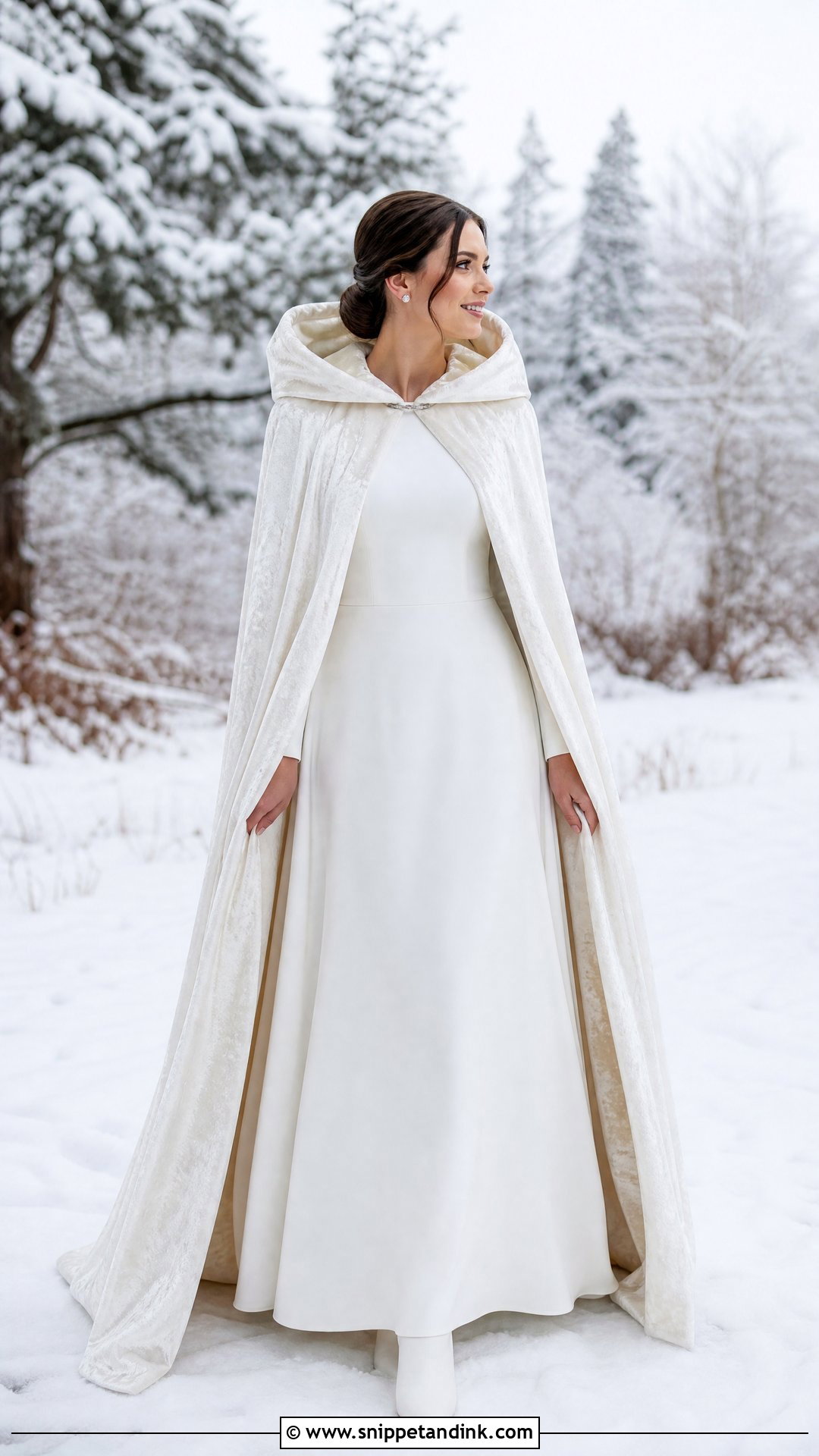 Hooded Velvet Winter Wedding Cape With Long Sleeve Dress - Snippet and Ink - 20 Winter Wedding Cape Ideas