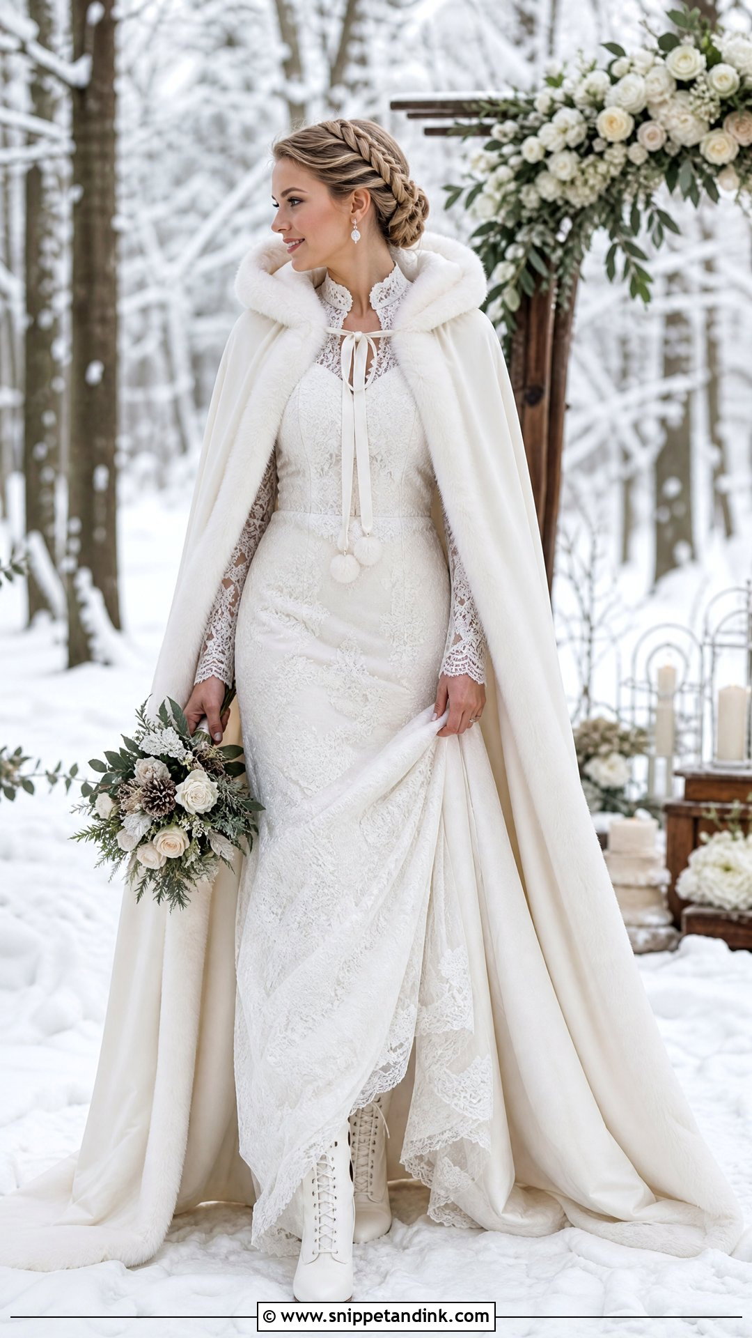 Hooded Wedding Fur Cape With Long Sleeve Dress - Snippet and Ink - 20 Wedding Fur Ideas