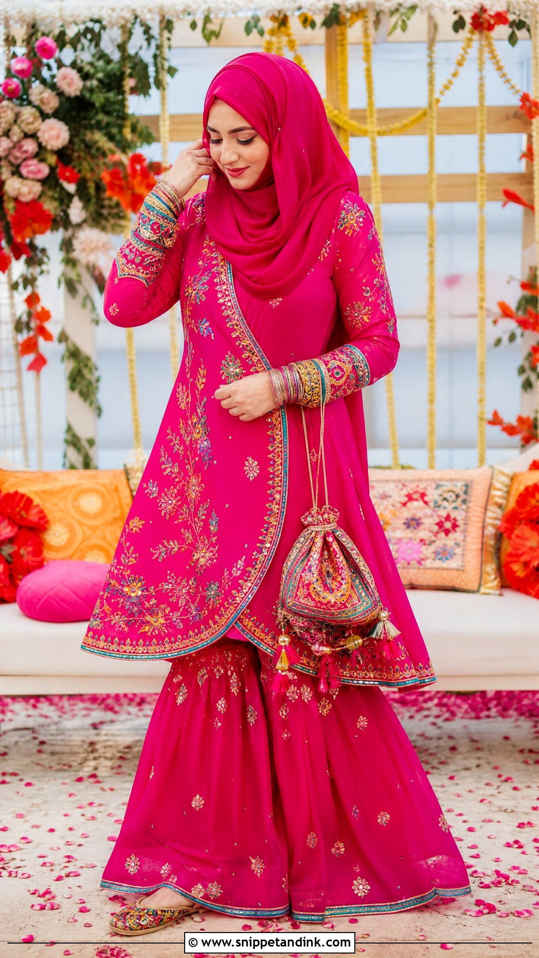 Hot Pink Angrakha Sharara With Hijab - Snippet and Ink - 20 Pakistani Hijab for Wedding Party Ideas