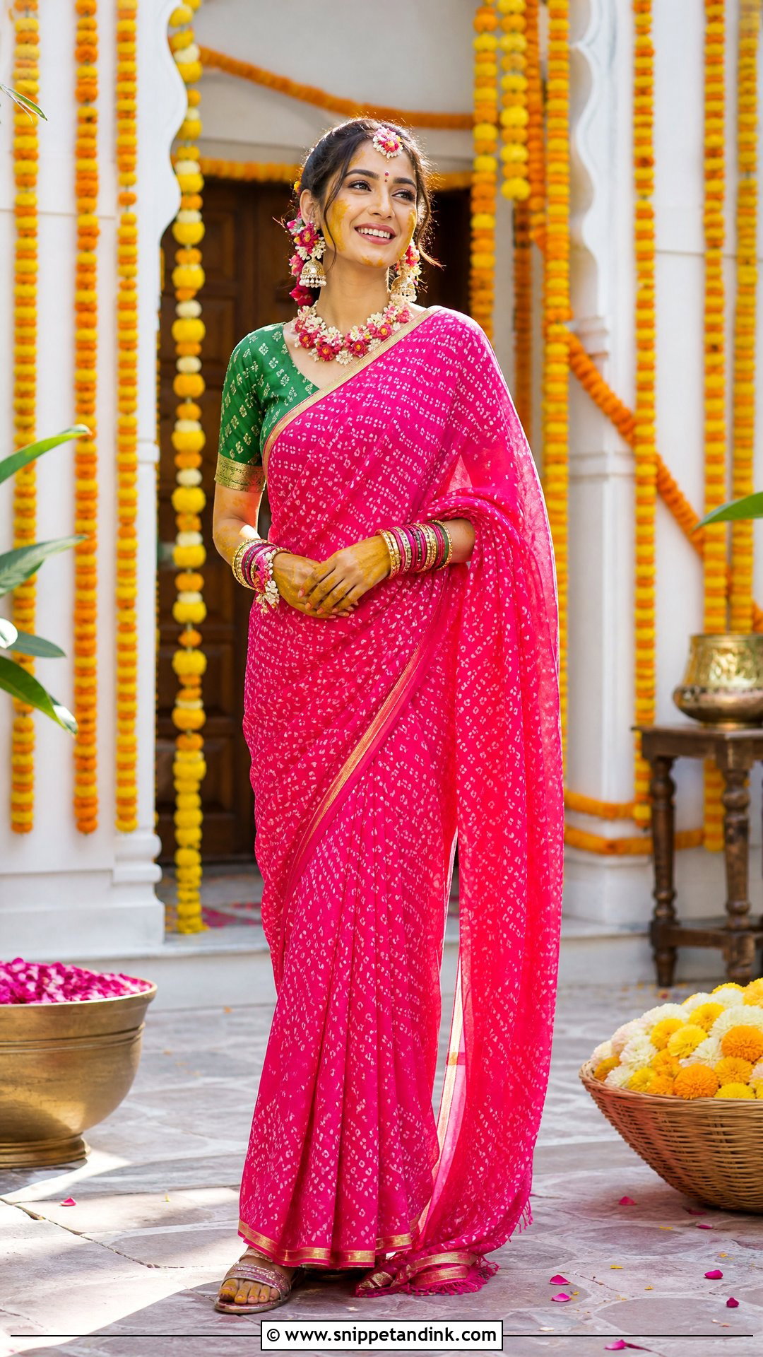 Hot Pink Bandhani Saree For Haldi - Snippet and Ink - 20 Pink Haldi Outfit Ideas