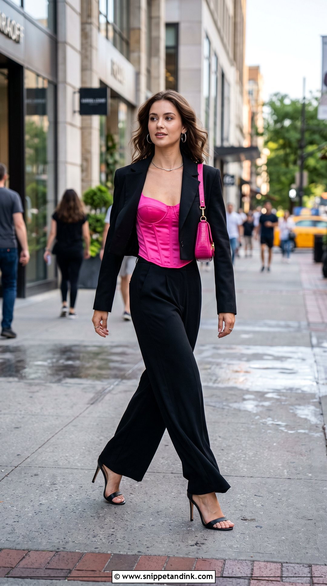 Hot Pink Corset Top And Black Pants Outfit - Snippet and Ink - 20 Hot Pink Bachelorette Party Outfit Ideas