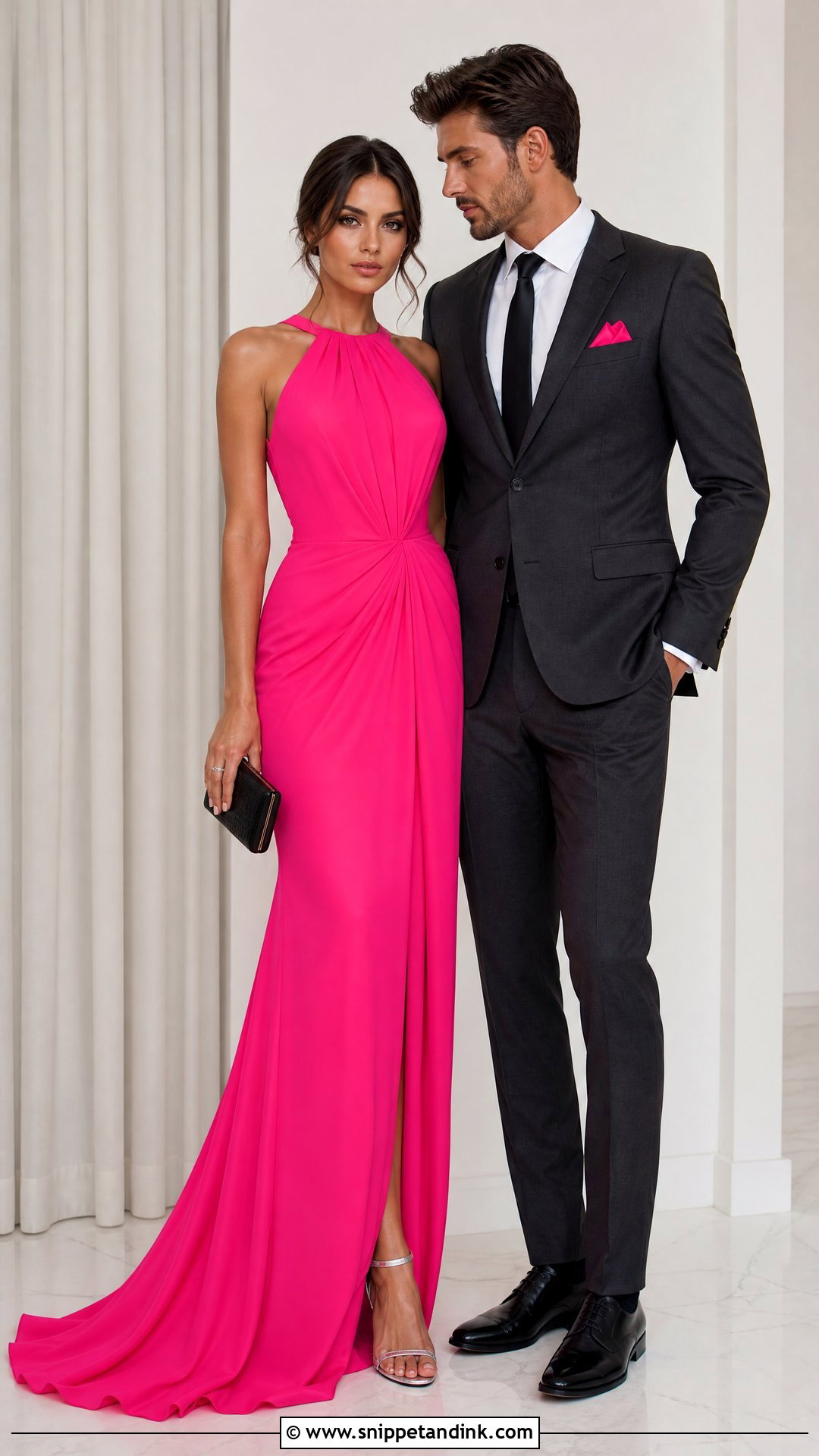 Hot Pink Dress and Charcoal Suit - Snippet and Ink - 20 Matching Dress and Suit Ideas