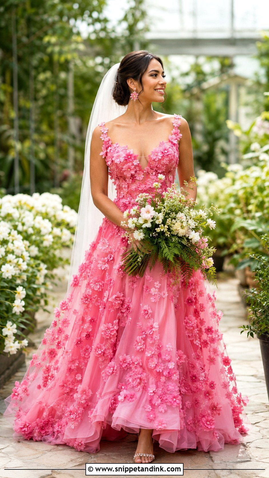 Hot Pink Floral Applique Wedding Dress - Snippet and Ink - 20 Hot Pink Wedding Dress Ideas