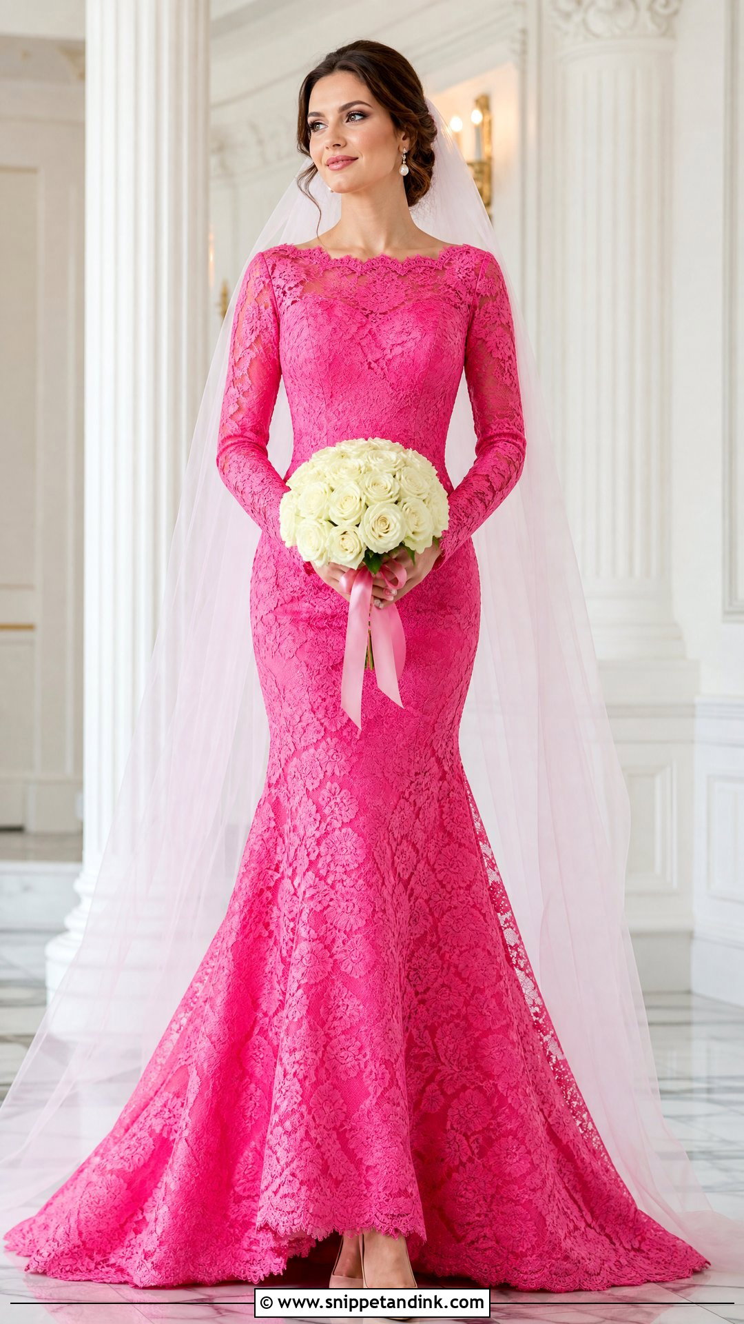 Hot Pink Lace Long Sleeve Wedding Dress - Snippet and Ink - 20 Hot Pink Wedding Dress Outfit Ideas