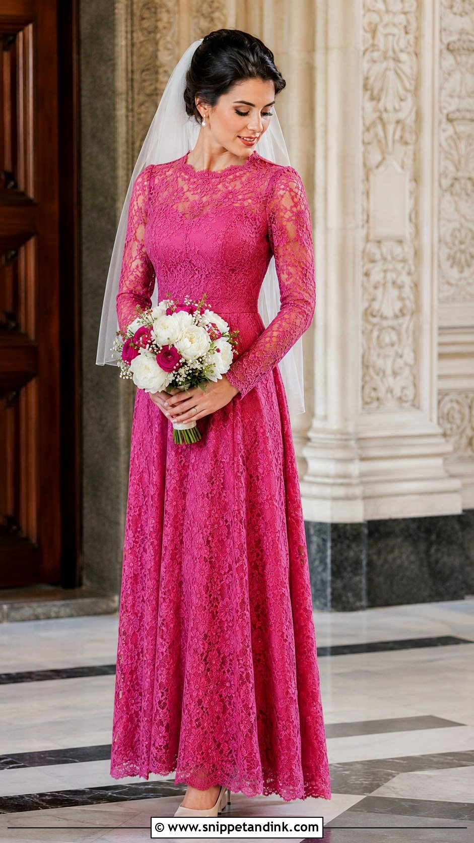 Hot Pink Long Sleeve Lace Wedding Dress - Snippet and Ink - 20 Hot Pink Wedding Dress Ideas