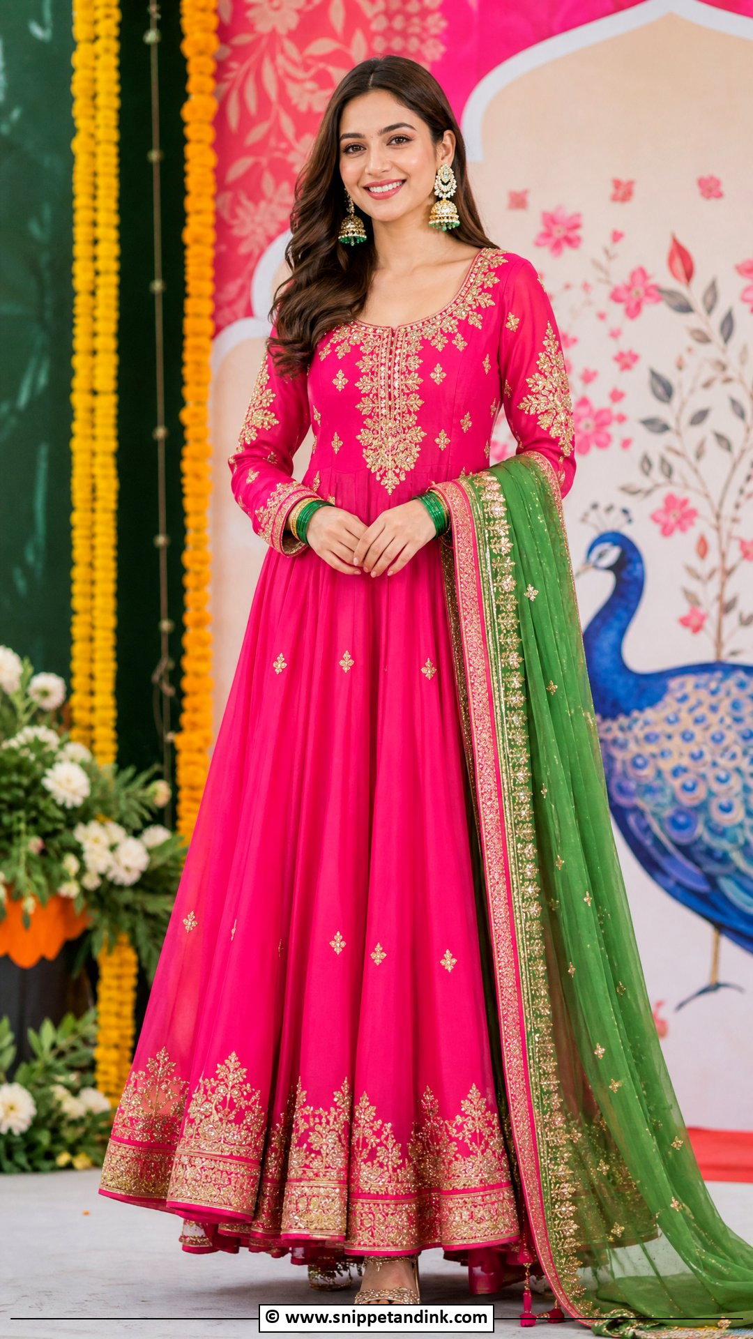 Hot Pink Mehndi Anarkali With Green Dupatta - Snippet and Ink - 35 Mehndi Dresses