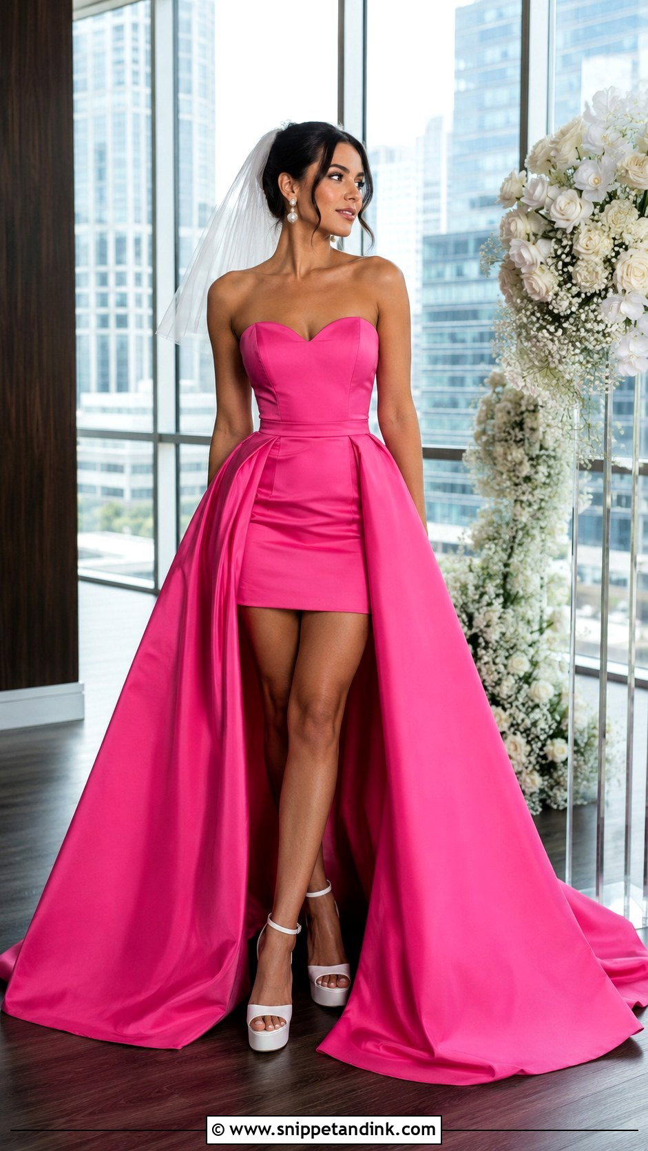 Hot Pink Mini Wedding Dress With Overskirt - Snippet and Ink - 20 Hot Pink Wedding Dress Ideas
