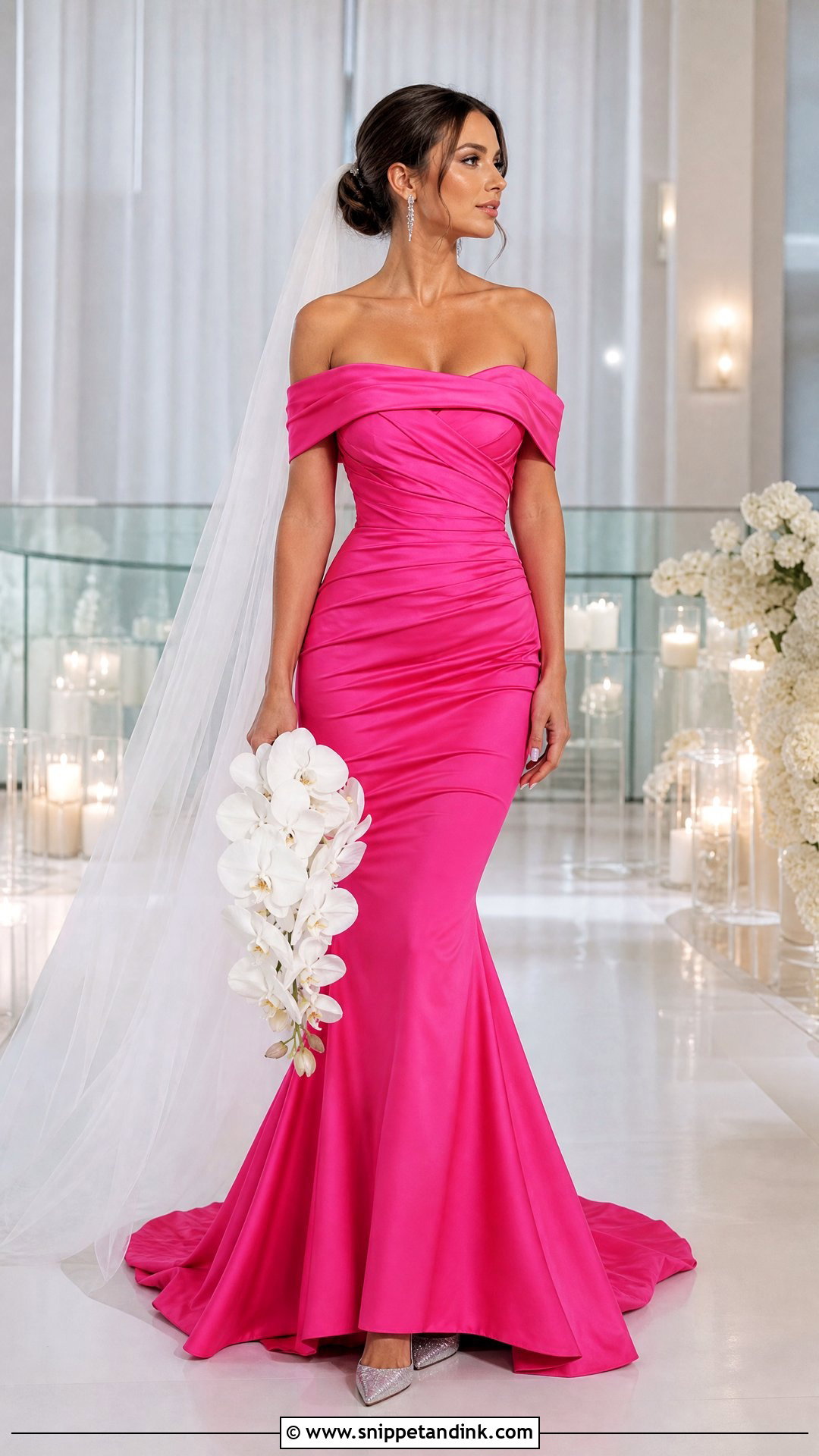 Hot Pink Off Shoulder Mermaid Wedding Dress - Snippet and Ink - 20 Hot Pink Wedding Dress Outfit Ideas