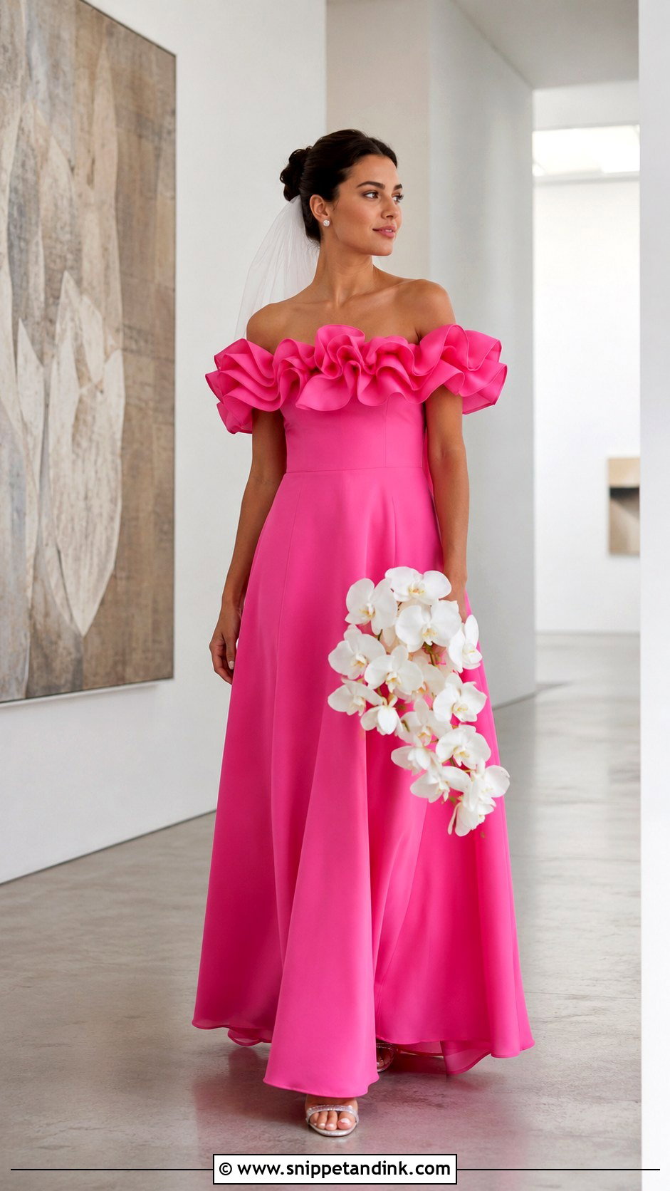 Hot Pink Off Shoulder Ruffle Wedding Dress - Snippet and Ink - 20 Hot Pink Wedding Dress Ideas