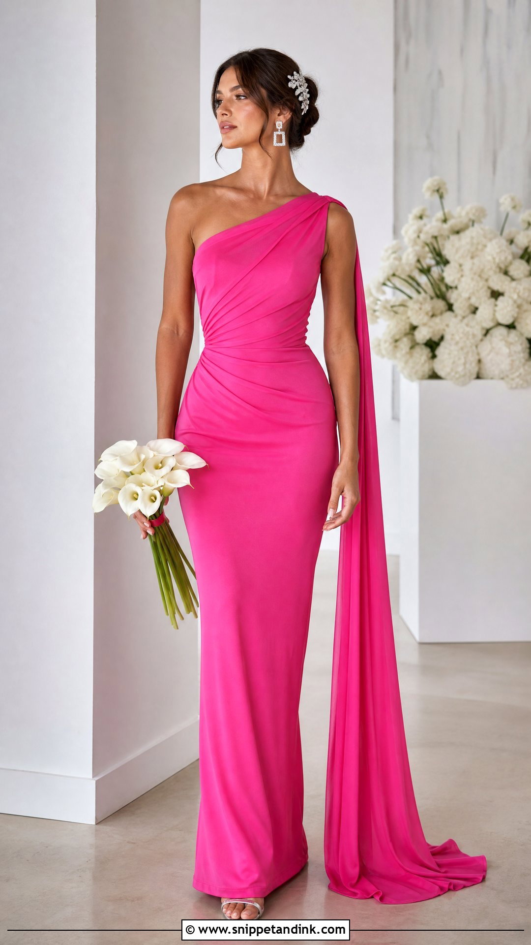 Hot Pink One Shoulder Column Wedding Dress - Snippet and Ink - 20 Hot Pink Wedding Dress Outfit Ideas
