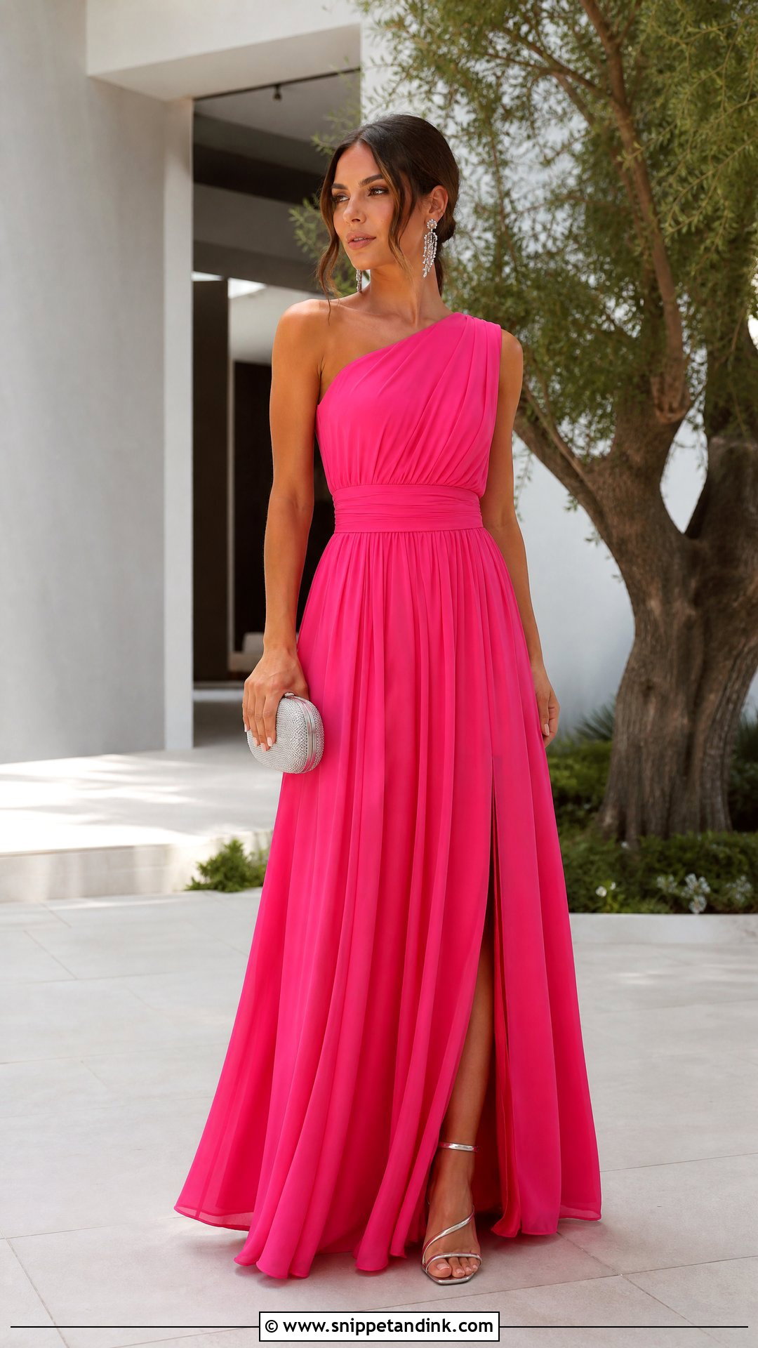 Hot Pink One Shoulder Maxi Dress Wedding Outfit - Snippet and Ink - 20 Pink Wedding Outfit Ideas