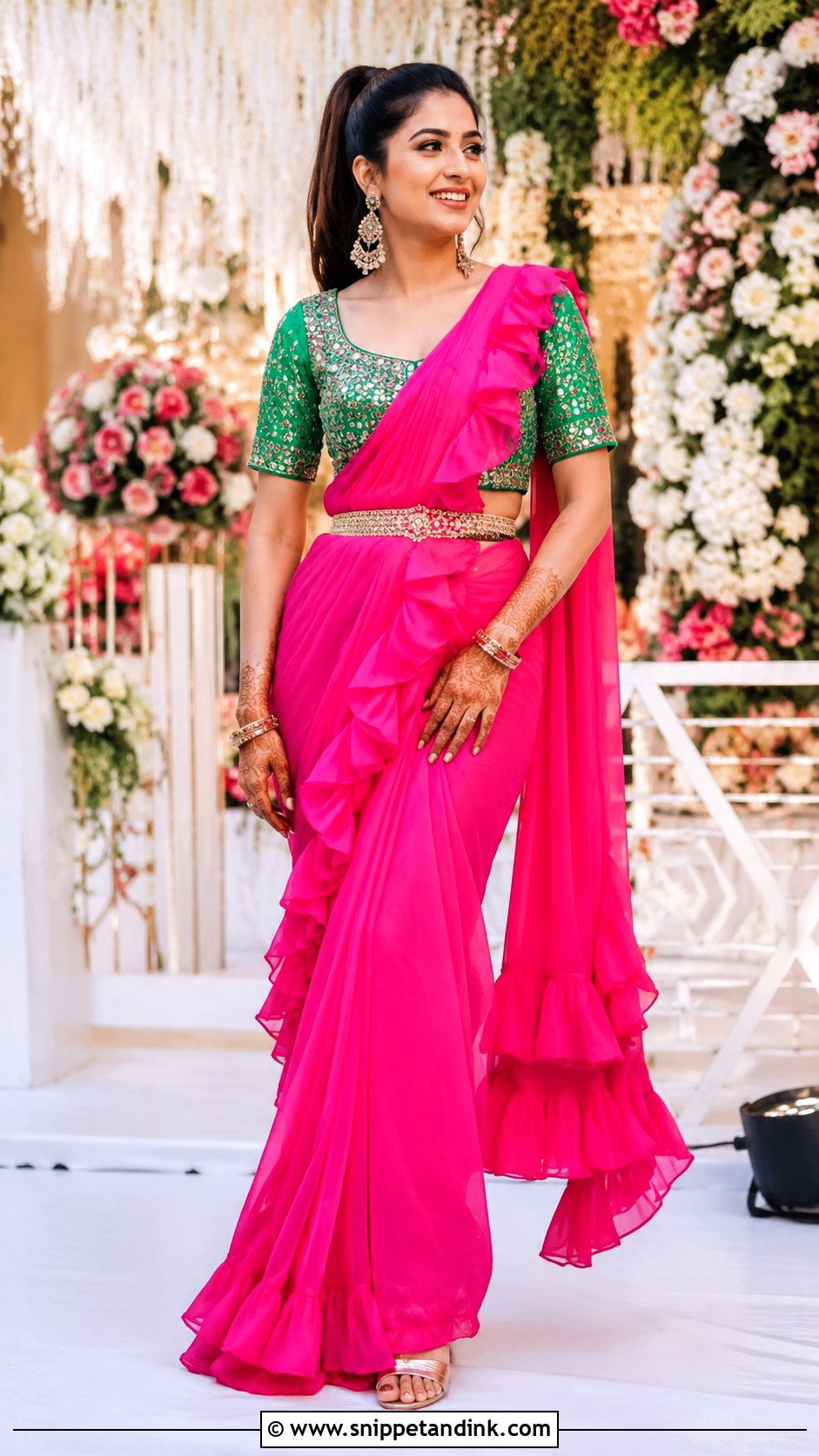 Hot Pink Ruffle Mehendi Saree - Snippet and Ink - 20 Bridal Mehendi Outfits