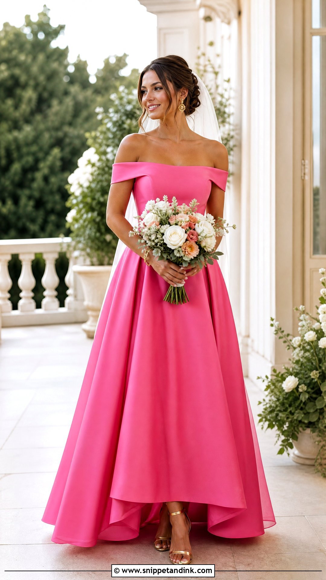 Hot Pink Wedding Dress With Gold Accessories - Snippet and Ink - 20 Hot Pink Wedding Dress Outfit Ideas