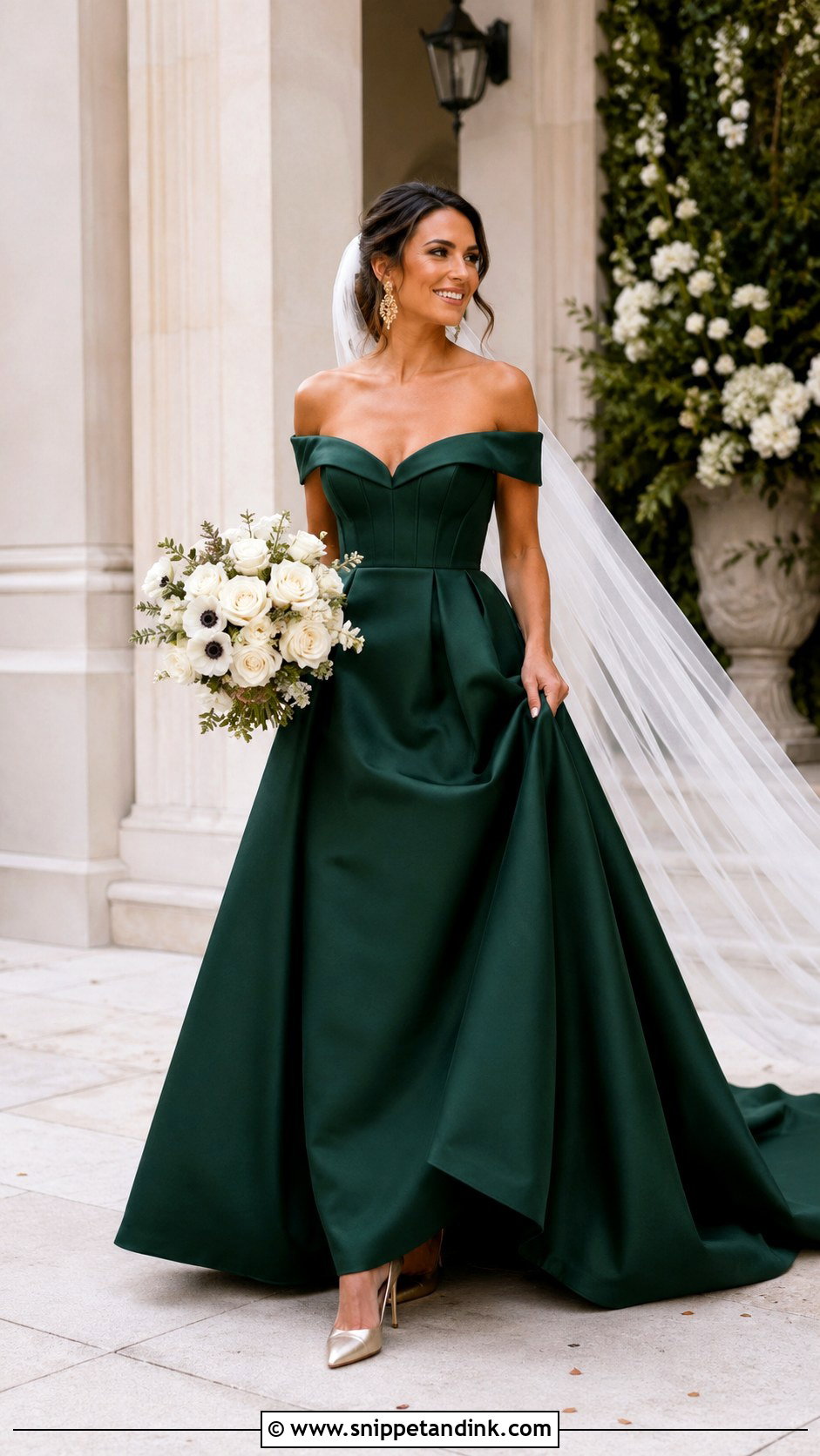 Hunter Green Off Shoulder Wedding Dress Outfit - Snippet and Ink - 20 Green Wedding Dress Outfit Ideas