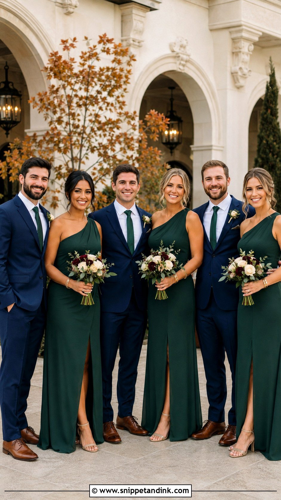 Hunter Green One Shoulder Dresses With Navy Suits - Snippet and Ink - 20 Green Wedding Party Attire Ideas