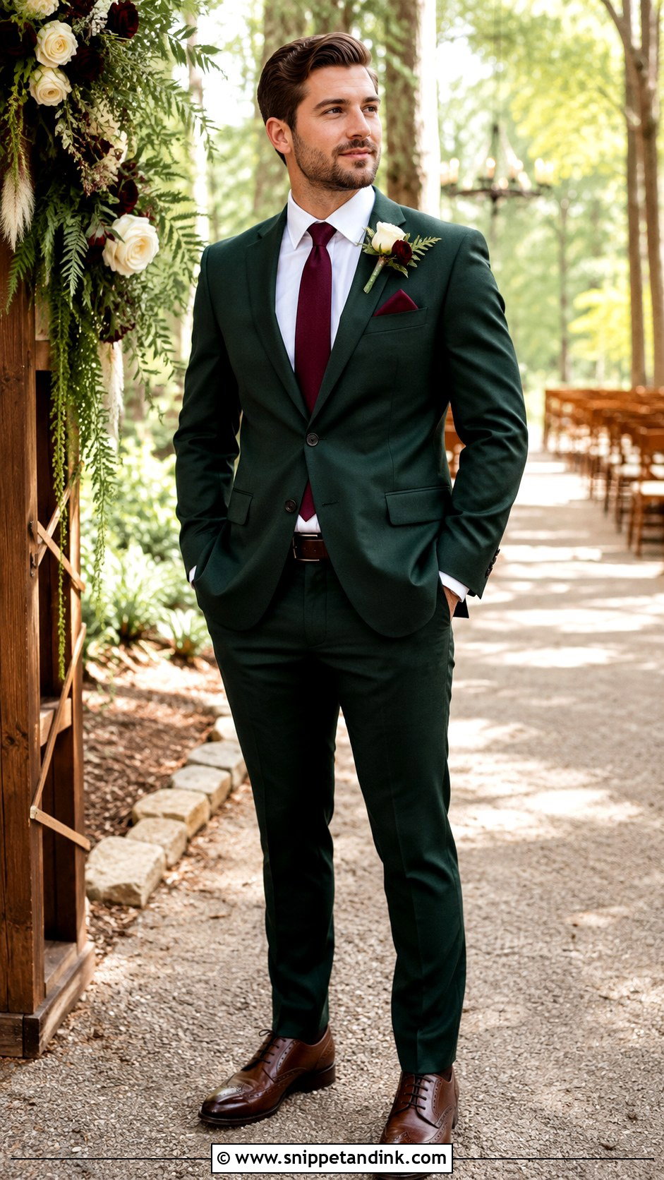 Hunter Green Suit With Burgundy Tie - Snippet and Ink - 20 Green Suit Wedding Party Ideas