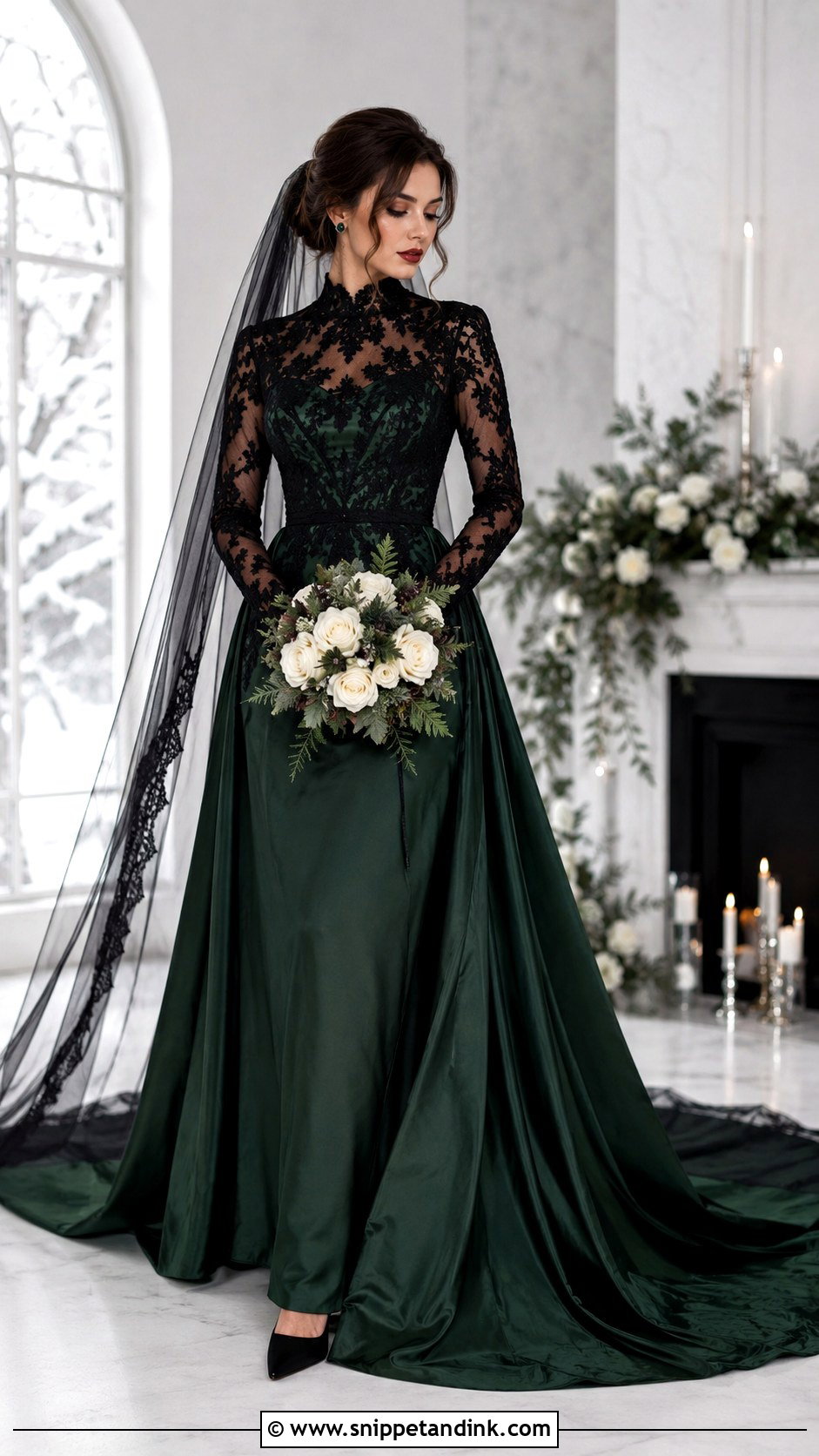 Hunter Green and Black Long Sleeve Wedding Dress - Snippet and Ink - 20 Black and Green Wedding Dress Ideas