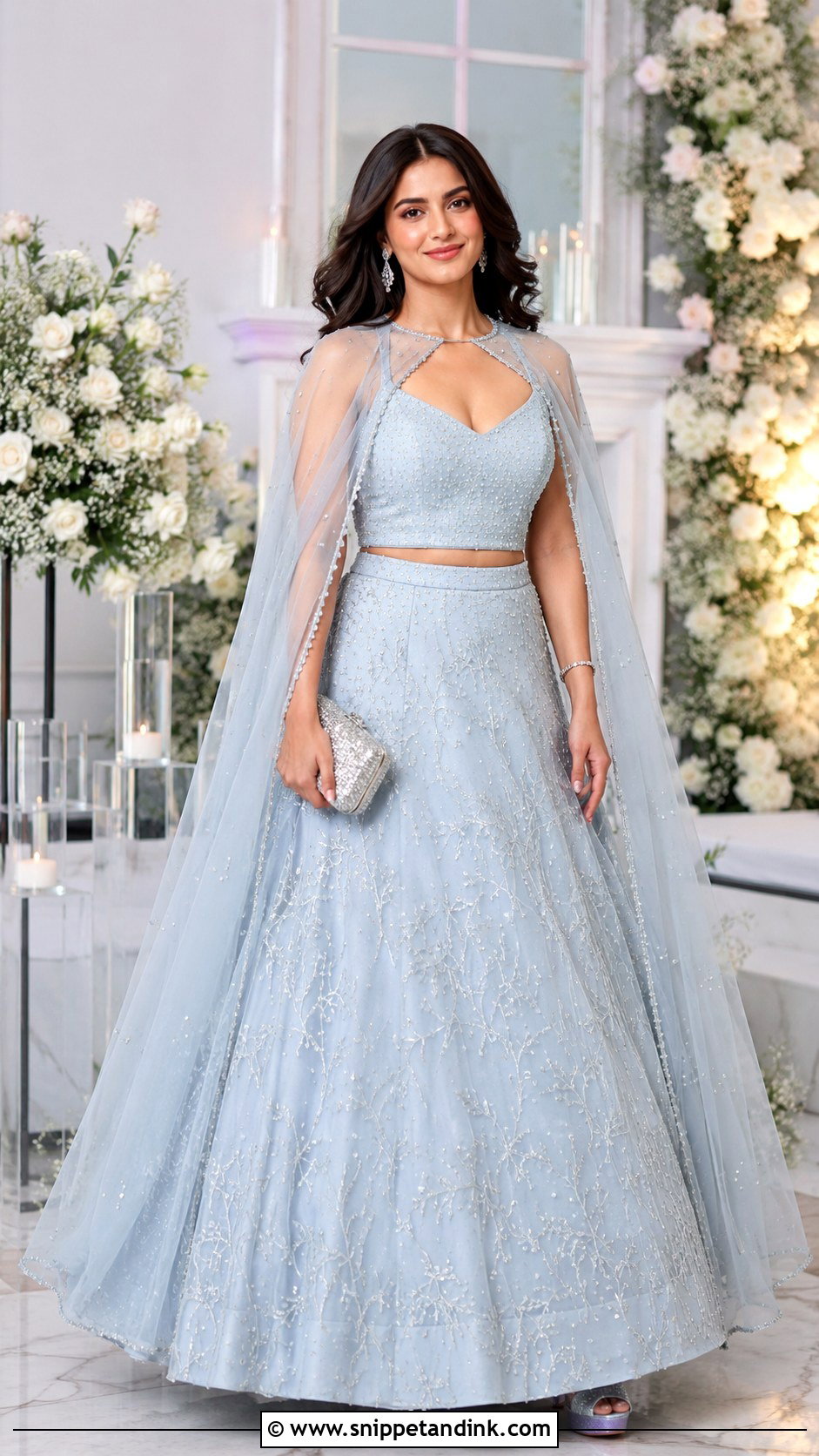 Ice Blue Cape Lehenga Sangeet Outfit - Snippet and Ink - 20 Blue Sangeet Outfit Ideas