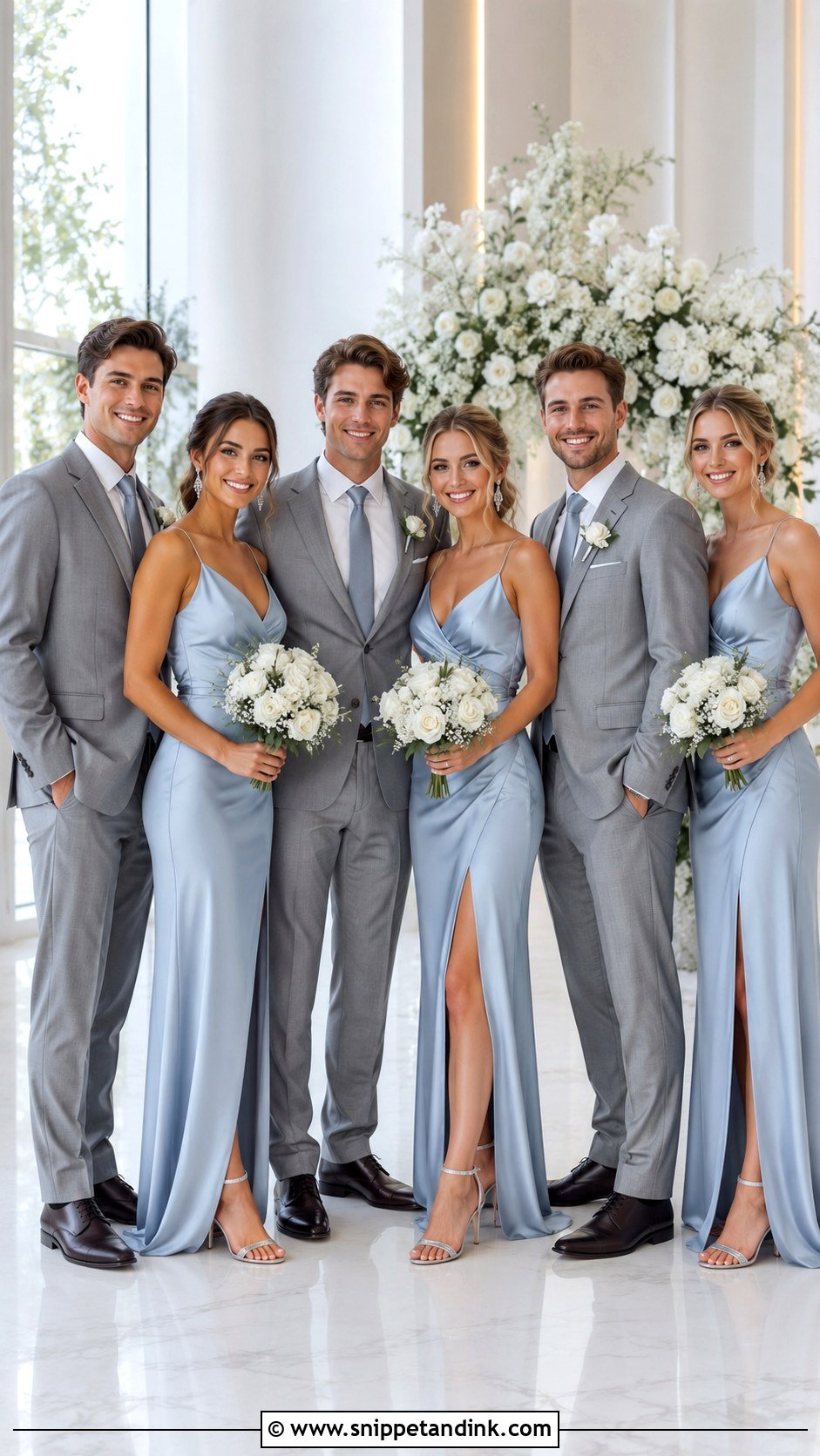 Ice Blue Satin Dresses With Silver Gray Suits - Snippet and Ink - 20 Blue Wedding Party Attire Ideas