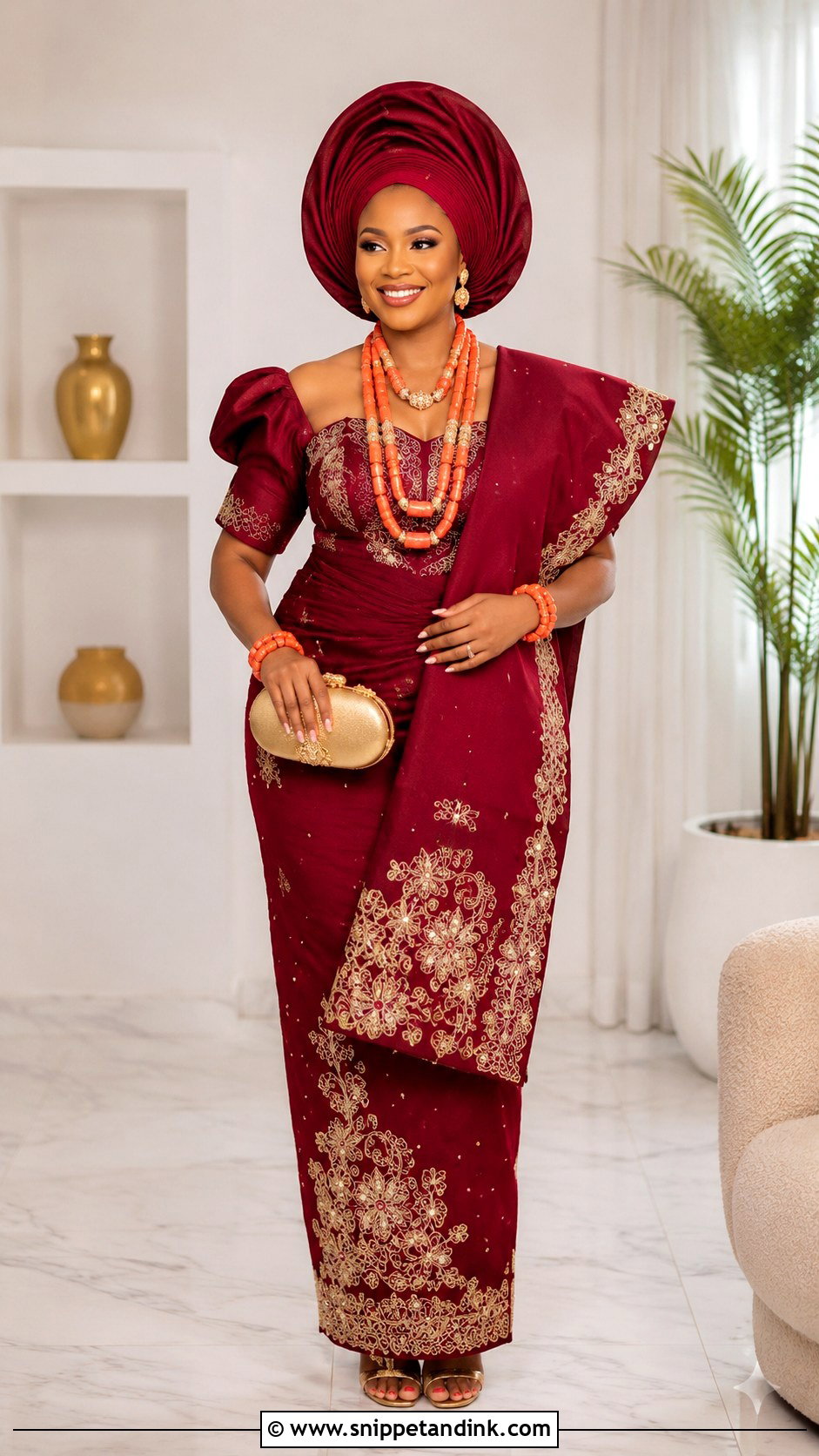 Igbo Bride Burgundy Wrapper Outfit - Snippet and Ink - 25 Igbo Bride Attire Ideas
