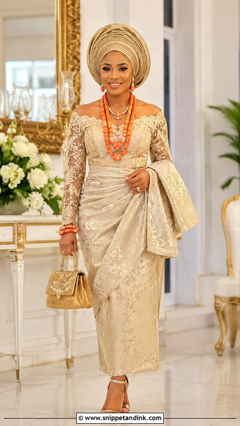 Igbo Bride Champagne Gold Outfit - Snippet and Ink - 25 Igbo Bride Attire Ideas