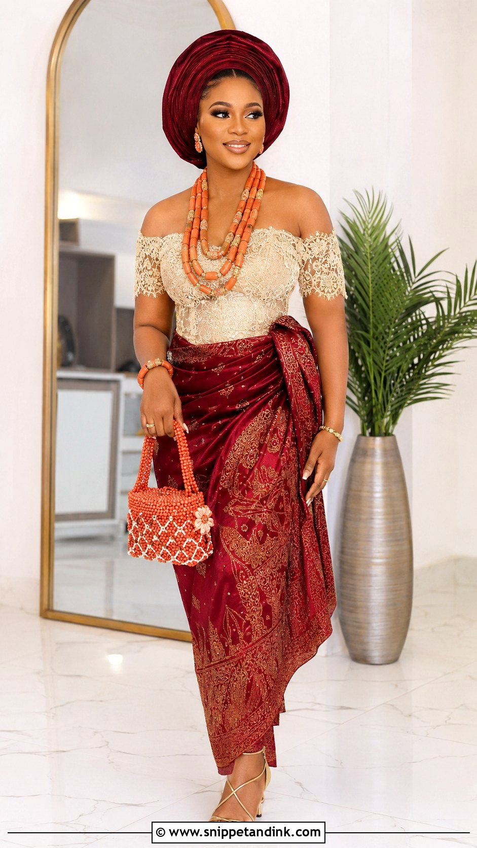 Igbo Bride Off Shoulder Blouse And Wrapper - Snippet and Ink - 25 Igbo Bride Attire Ideas