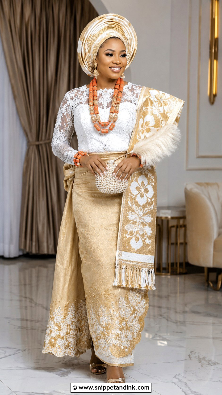 Igbo Bride White And Gold Outfit - Snippet and Ink - 25 Igbo Bride Attire Ideas