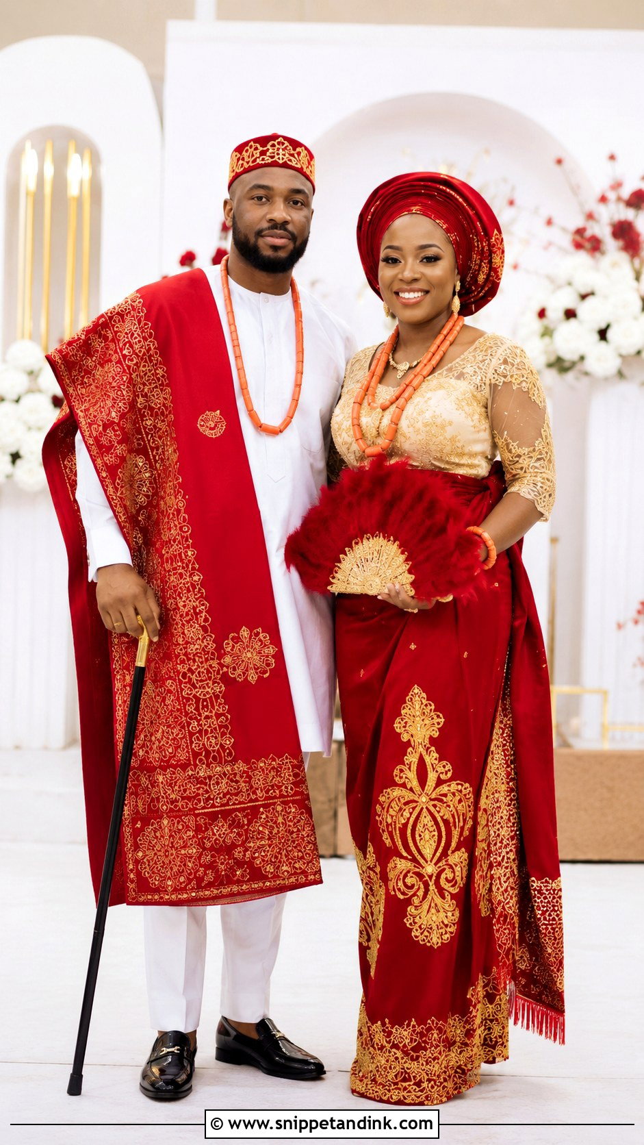 Igbo Couple Red And Gold Attire - Snippet and Ink - 30 Igbo Traditional Wedding Attire Ideas